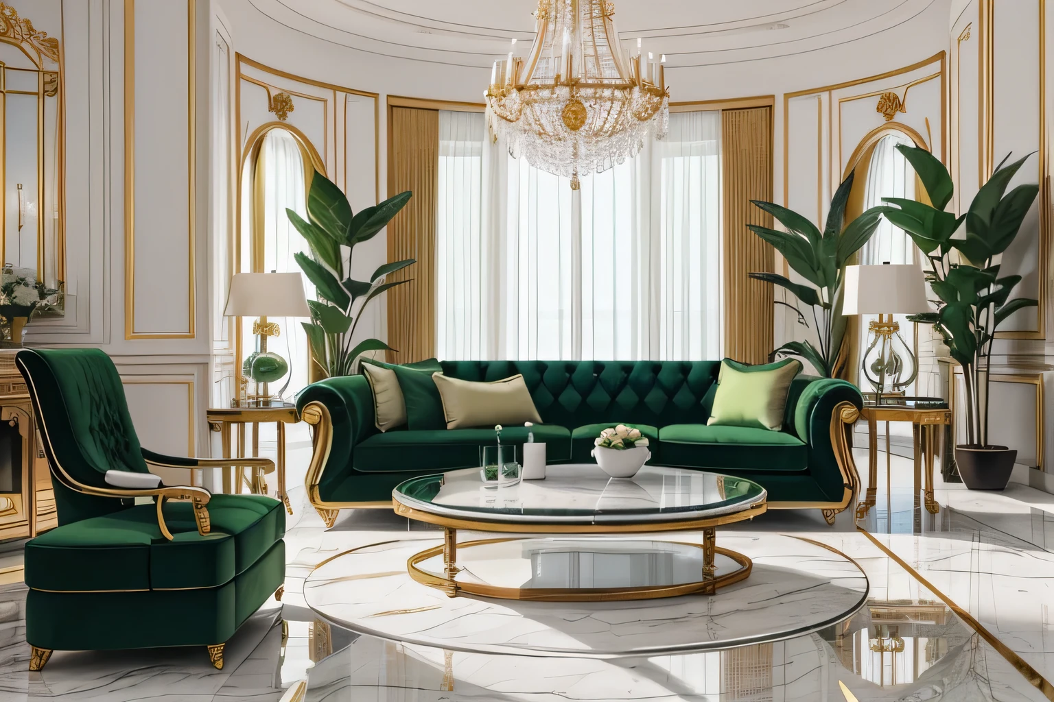 Luxurious living room with beauty sofa, Clear glass coffee table with white marble floor and green plants, realistic, inspirational, extremely realistic.