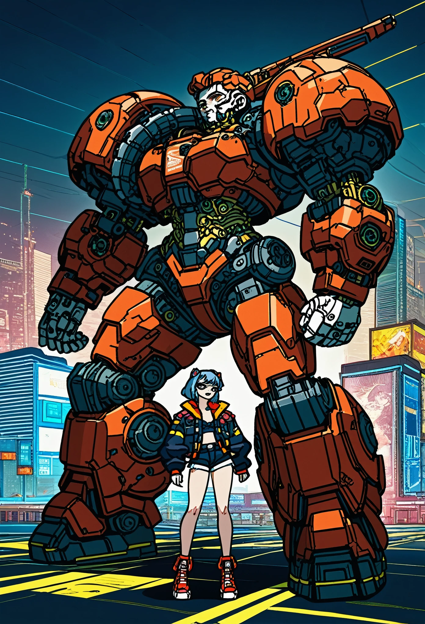 anime girl in short shorts and jacket standing next to giant robot, artwork in the style of guweiz, cyberpunk anime girl mech, trending on cgstation, guweiz, by Russell Dongjun Lu, digital cyberpunk anime art, ross tran 8 k, guweiz on artstation pixiv, girl in mecha cyber armor