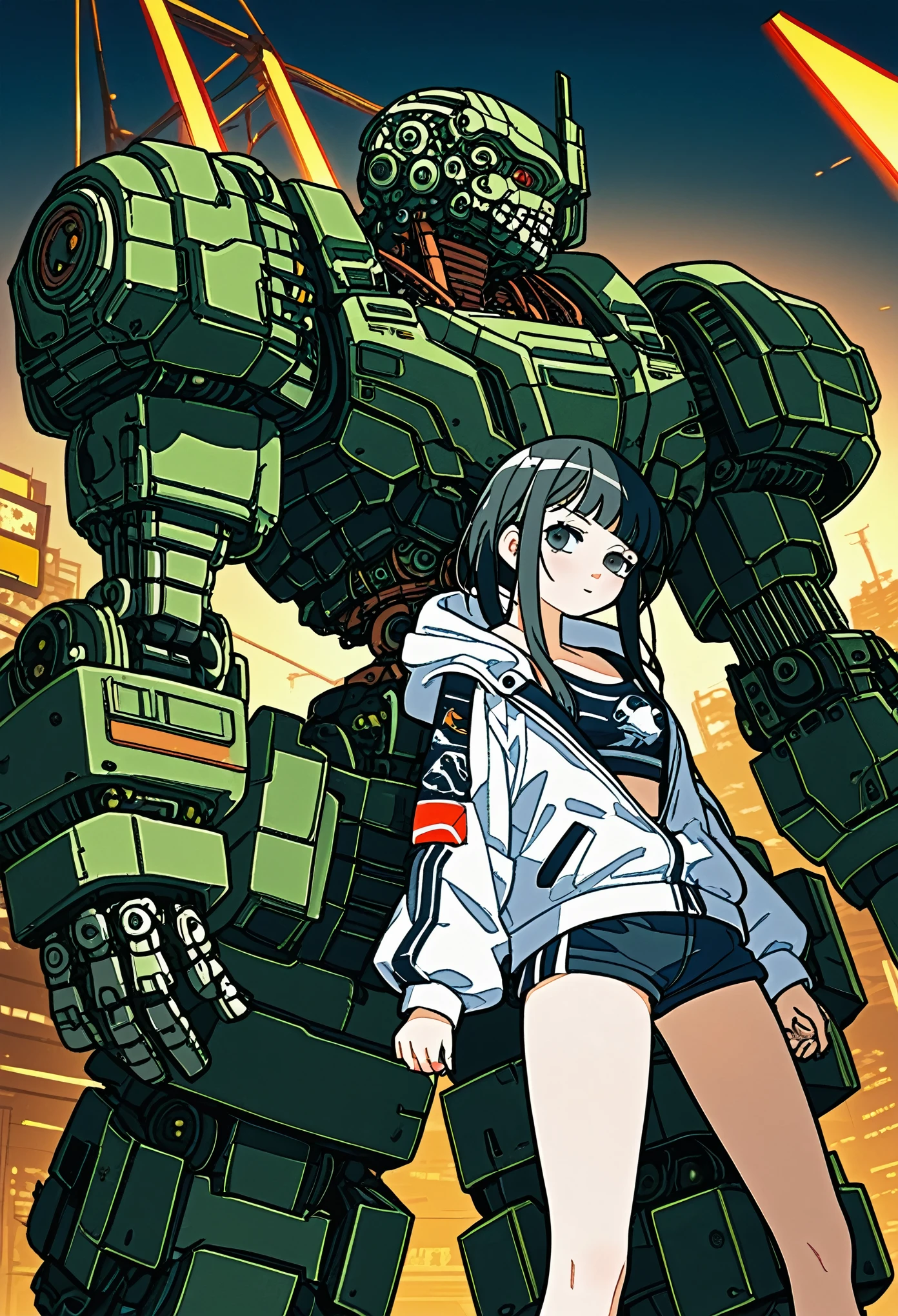 anime girl in short shorts and jacket standing next to giant robot, artwork in the style of guweiz, cyberpunk anime girl mech, trending on cgstation, guweiz, by Russell Dongjun Lu, digital cyberpunk anime art, ross tran 8 k, guweiz on artstation pixiv, girl in mecha cyber armor