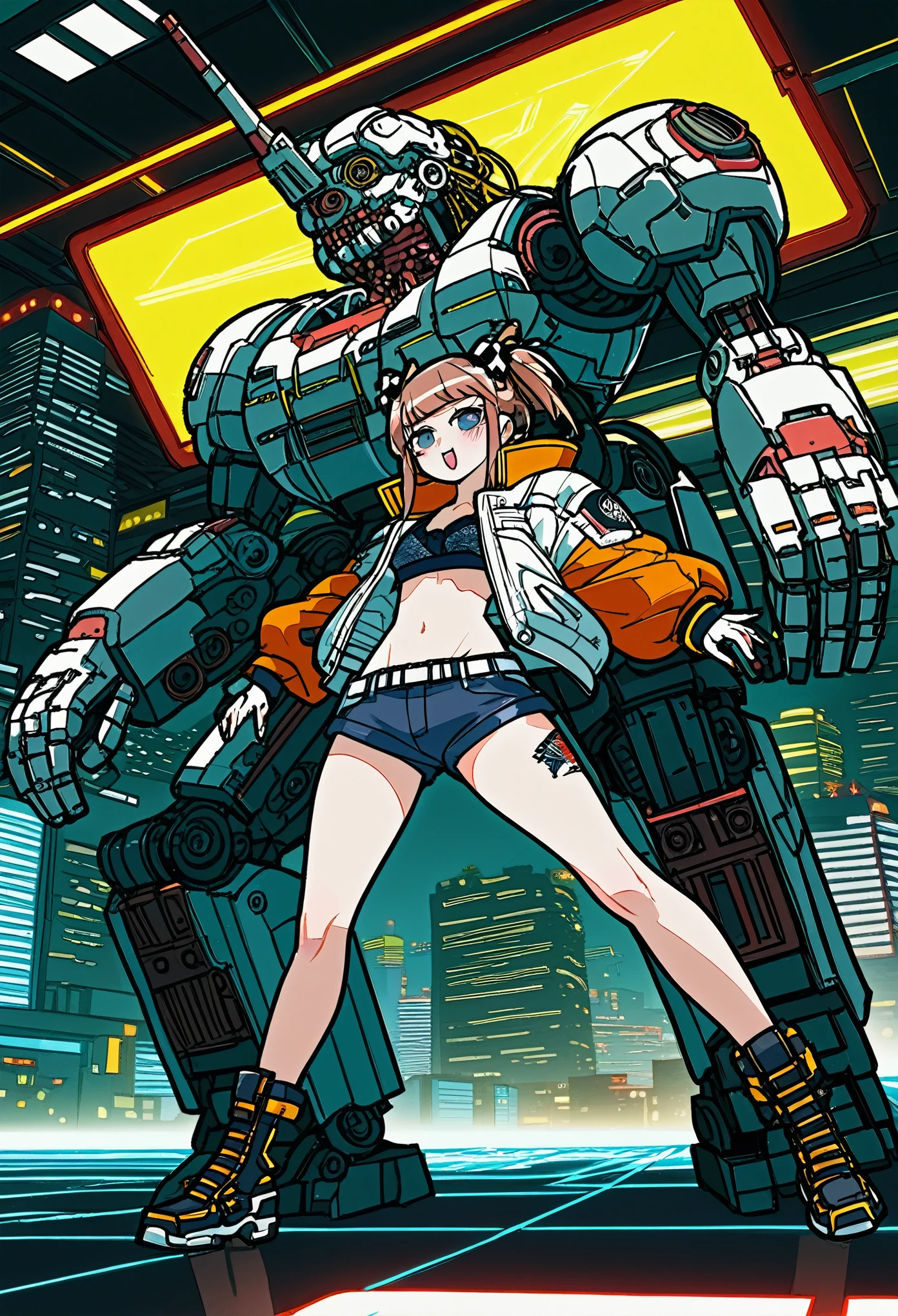 anime girl in short shorts and jacket standing next to giant robot, artwork in the style of guweiz, cyberpunk anime girl mech, trending on cgstation, guweiz, by Russell Dongjun Lu, digital cyberpunk anime art, ross tran 8 k, guweiz on artstation pixiv, girl in mecha cyber armor