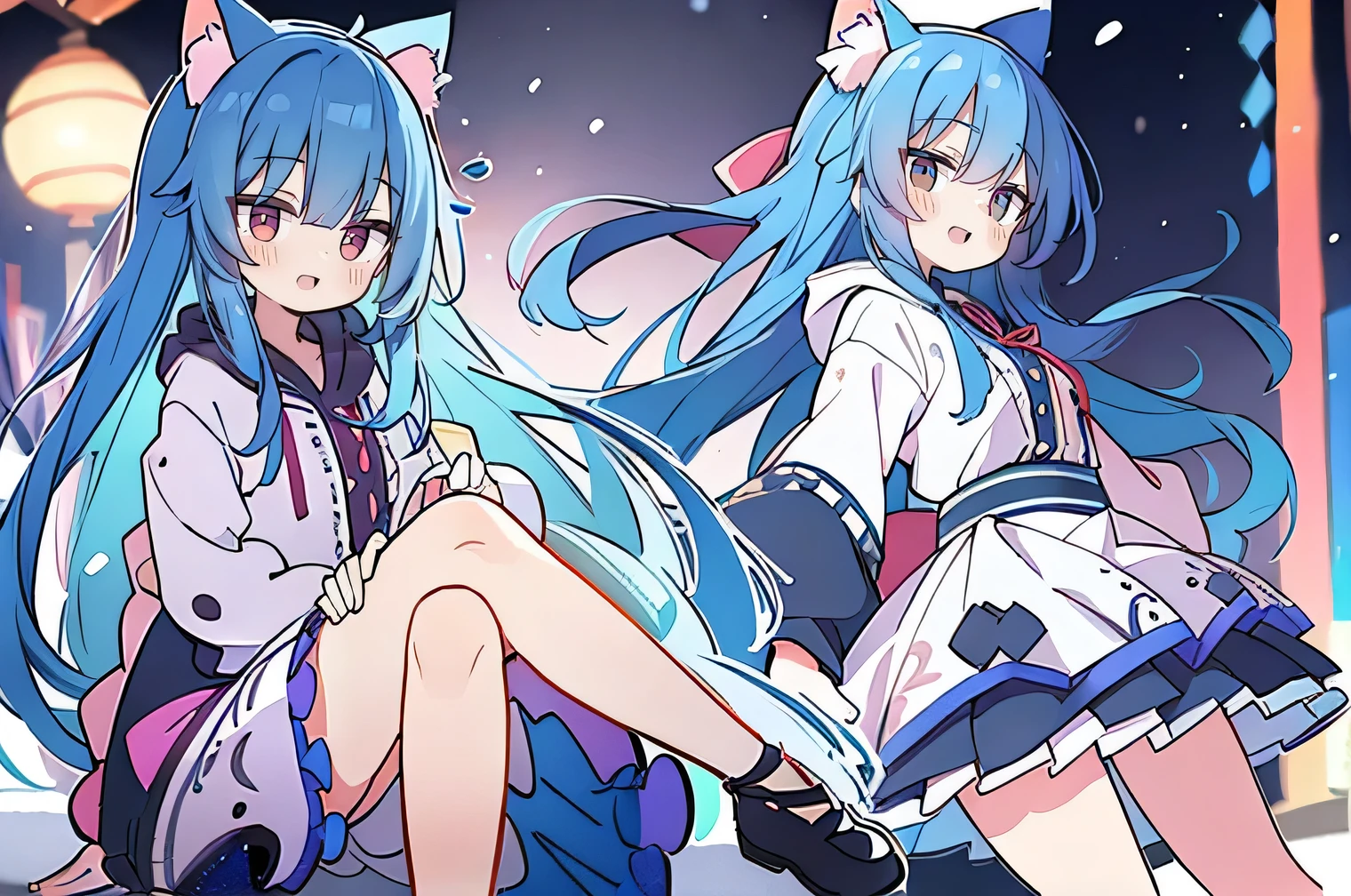 (masterpiece:1.2),Super detailed,lifelike,Expressive eyes,fair skin,perfect face shape,1 girl,
Japanese comics,Gorgeous blue hair,flowing blue hair,flowing clothes,Cat ears,Petals fall,beautiful lola,Baby Angel,
Shaking head with one hand,Cross your legs,Gentle and peaceful background,The pavilion is cool and comfortable,smile, wearing hoodie, background of tokyo,back views,snowing, winter.