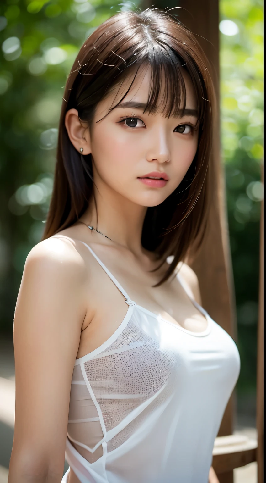 1 Female, Close-up of face, Small breasts, No underwear:1.5、Light brown hair, Blunt bangs, Hair behind the ear, Hair that falls over the shoulders, Long Hair, Slim figure, Ultra debtine debtace, Thin face, Delicate lips, Beautiful Eyes, Light blush, eyes are light brown, Perfect glowing skin, Perfect Skin, Shining Sweat,Have a look at this, Ultra-thin needle, Very thin fingers, The optimal ratio is four fingers to one thumb, (Realistic:1.3), debtinger Extensions, See-through white camisole:1.3. Broadleaf Forest, First Person View, debtuji debtilm, debt/1.2, 8k, Tabletop, んdebtdebt, Super detailed, high quality, 最high quality, High resolution,