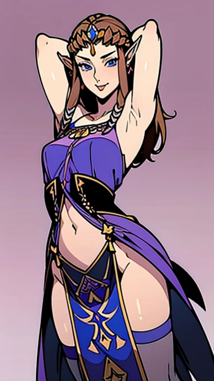 8K high quality, high accuracy, Princess Zelda, beautiful figure, beautiful face, Princess Dusk, beautiful, bright, highlights in eyes, small ears, brown hair, beautiful line drawing. Mouth open, tongue hanging out, purple background, blue eyes, dressed in black dress, revealing outfit, arms raised, armpits showing, depicted from head to belly,