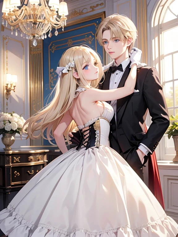 masterpiece, highest quality, Very detailed, 16k, Ultra-high resolution, Wide-angle shot, Dancing couple, Perfect Fingers, Detailed face, blue eyes, Blonde, (14-year-old female, Red gorgeous dress, corset, Long Skirt, Drawers, White long gloves), (14-year-old male, Expensive, fluttery clothing with a black base, White gloves, Black slacks), royal palace, Dance Venues, Evening Party, chandelier