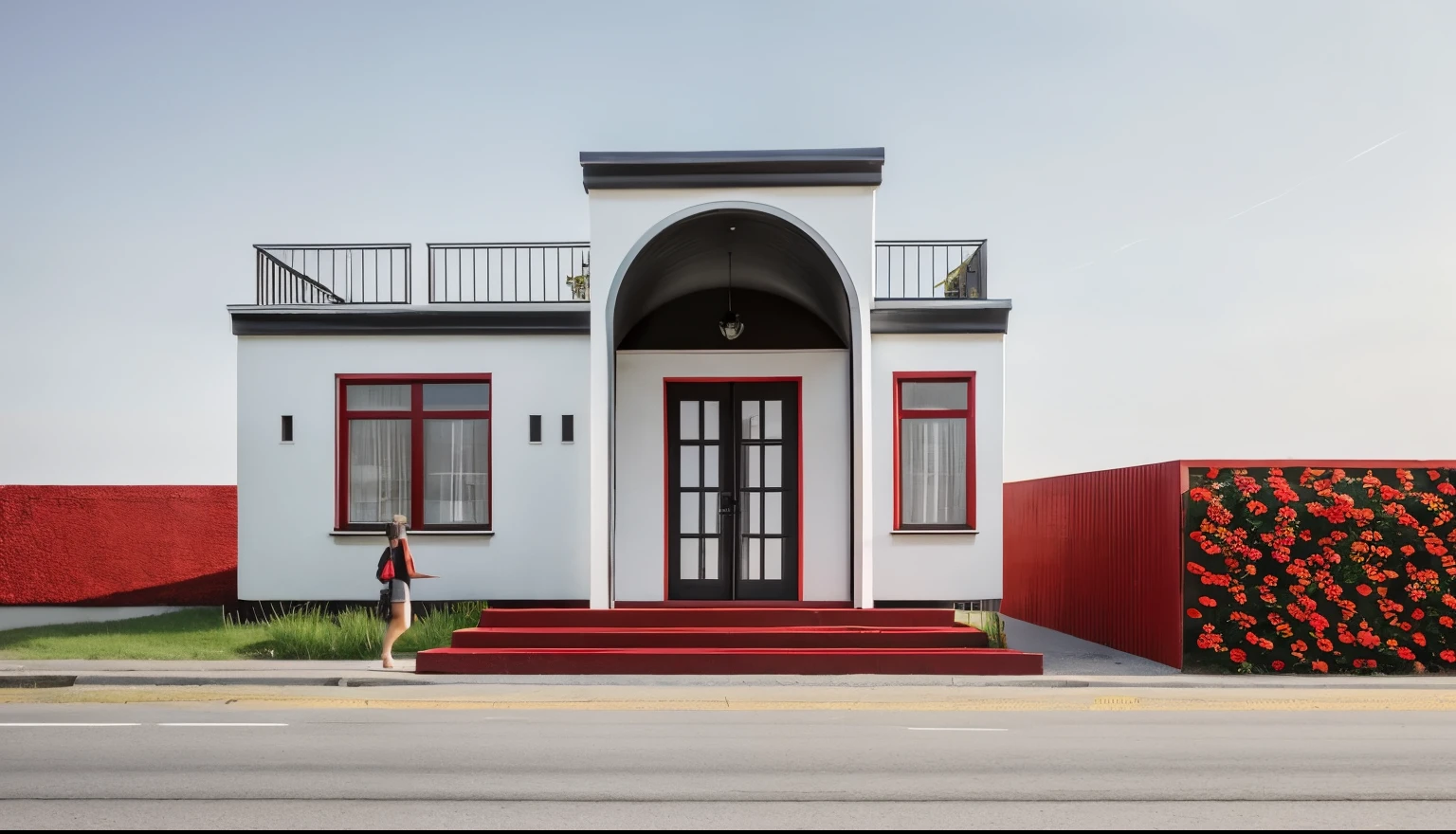 PLATFORM KTHOUSE, 1 industry black house,, Many beautiful red flowers along the road:1.1, romantic, beautyful light, beautyfulday, sunny, lovely youthful feeling :1.2, sunlight at 12 noon, Very beautiful shadows,
