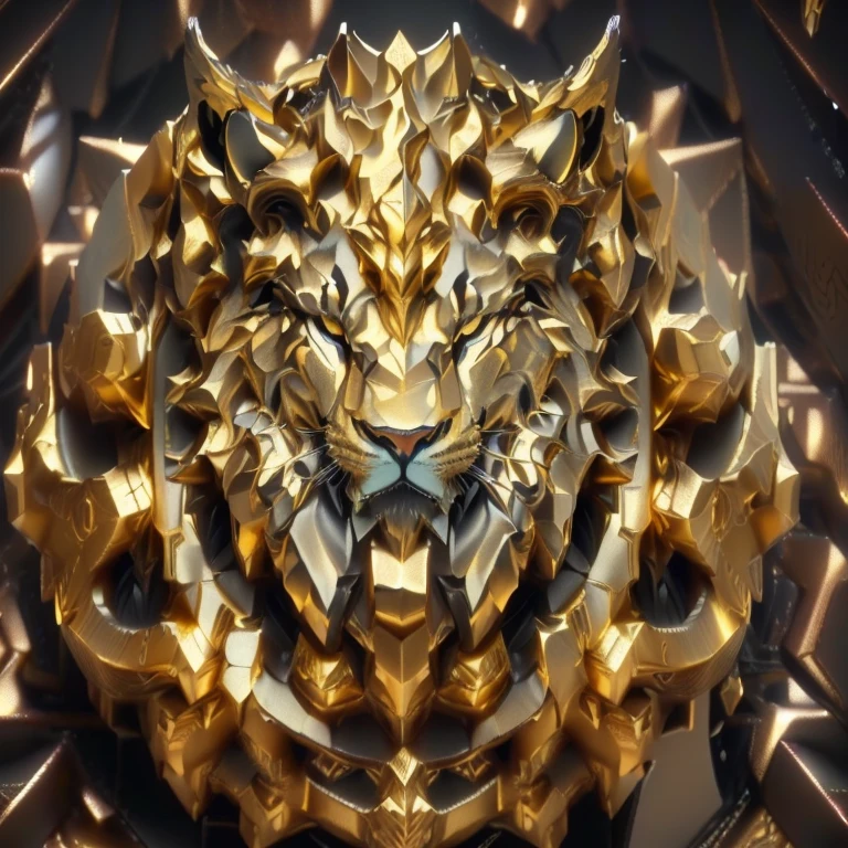 Close up of a golden lion head on a black background, Complex and gorgeous anime CGI style, Golden Cat Knight, Gold and steel are intricate, Complex artwork. Octane Rendering, Rendering in Cinema 4D octane, c4d”, YouTube video screenshot, Golden Lion Award at the Venice Biennale, Sculpture made of gold, Rendering in Cinema 4D, rendered in cinema4d