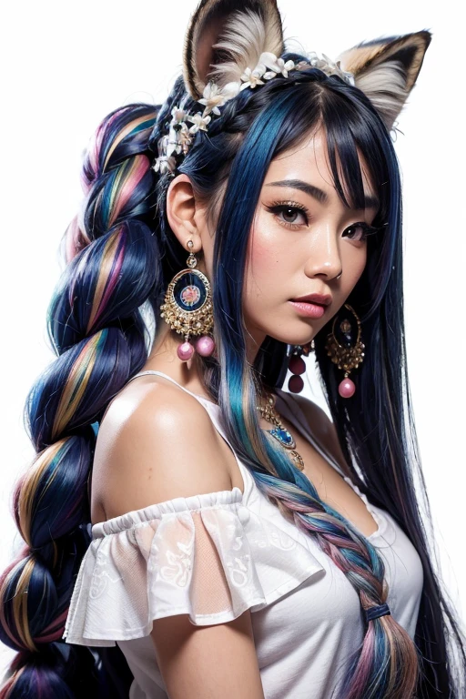 Masterpiece, Best Quality, High Resolution, (White Background: 1.4), [Glitter], [Looking at the Viewer, Portrait, 1 Sweet Chinese Girl], (Long Hair, Blue Hair, Wavy Curls, Multicolored Twisted Big Braid: 1.3, Furry Fox Ears, Air Bangs), White Off-the-Shoulder Short Sleeves, Delicate Facial Features, Pink Lips, Earrings, Necklace