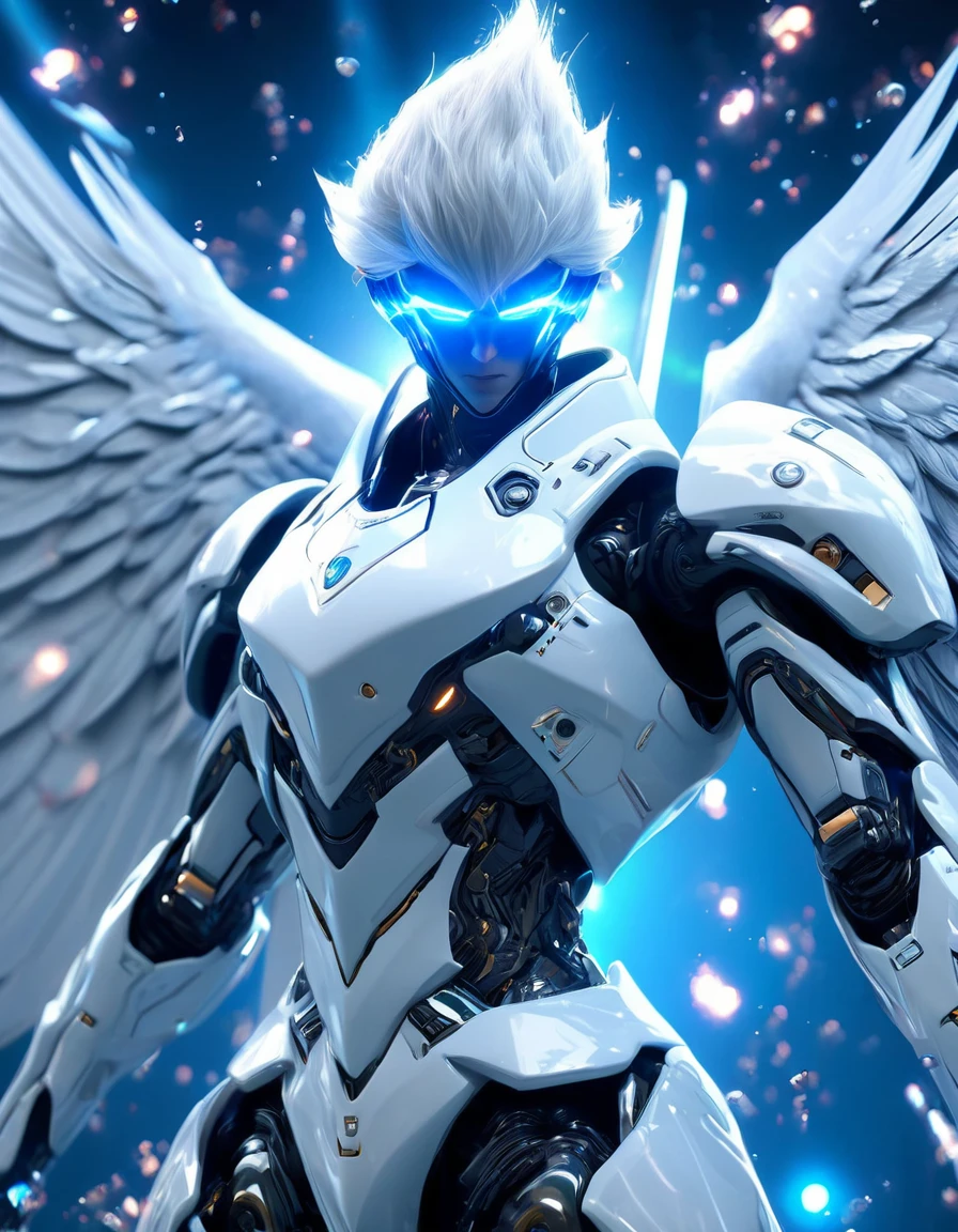 absurd, High resolution, Super detailed), masterpiece, best quality, A boy in a white jacket, Keep a sword, Solitary, Handsome, short hair, white hair, Delicate face, Fighting Stance, Attack Stance, Sword wielding pose, Blue Background, whirlpool, spark, Magic Vortex, ((best quality)), ((masterpiece)), (Very detailed:1.3), 3D, beautiful, (Cyberpunk:1.2), in space, nebula, Keep_arms, (1Female Mecha:1.3), For the audience, Luminescence Eye, whole body, (flight, swoop down, Dynamic, Motion blur: 1.4), (huge Mecha wings: 1.6), look up, Luminescence_Eye, Mecha, panoramic, Background is the earth, nebula, space, particle, Reality, HDR (High Dynamic Range), Ray Tracing, NVIDIA RTX, Super Resolution, Unreal 5, Subsurface scattering, PBR Textures, Post-Processing, Anisotropic filtering, Depth of Field, Maximum clarity and clarity, Multi-layered textures, Albedo and specular reflectograms, Surface shading, Accurate simulation of the interaction between light and material, Perfect proportion, Octane Rendering, Two-color lighting, Large aperture, Low ISO, White Balance, Rule of Thirds, 8K Native, High-efficiency sub-pixel, Sub-pixel convolution,