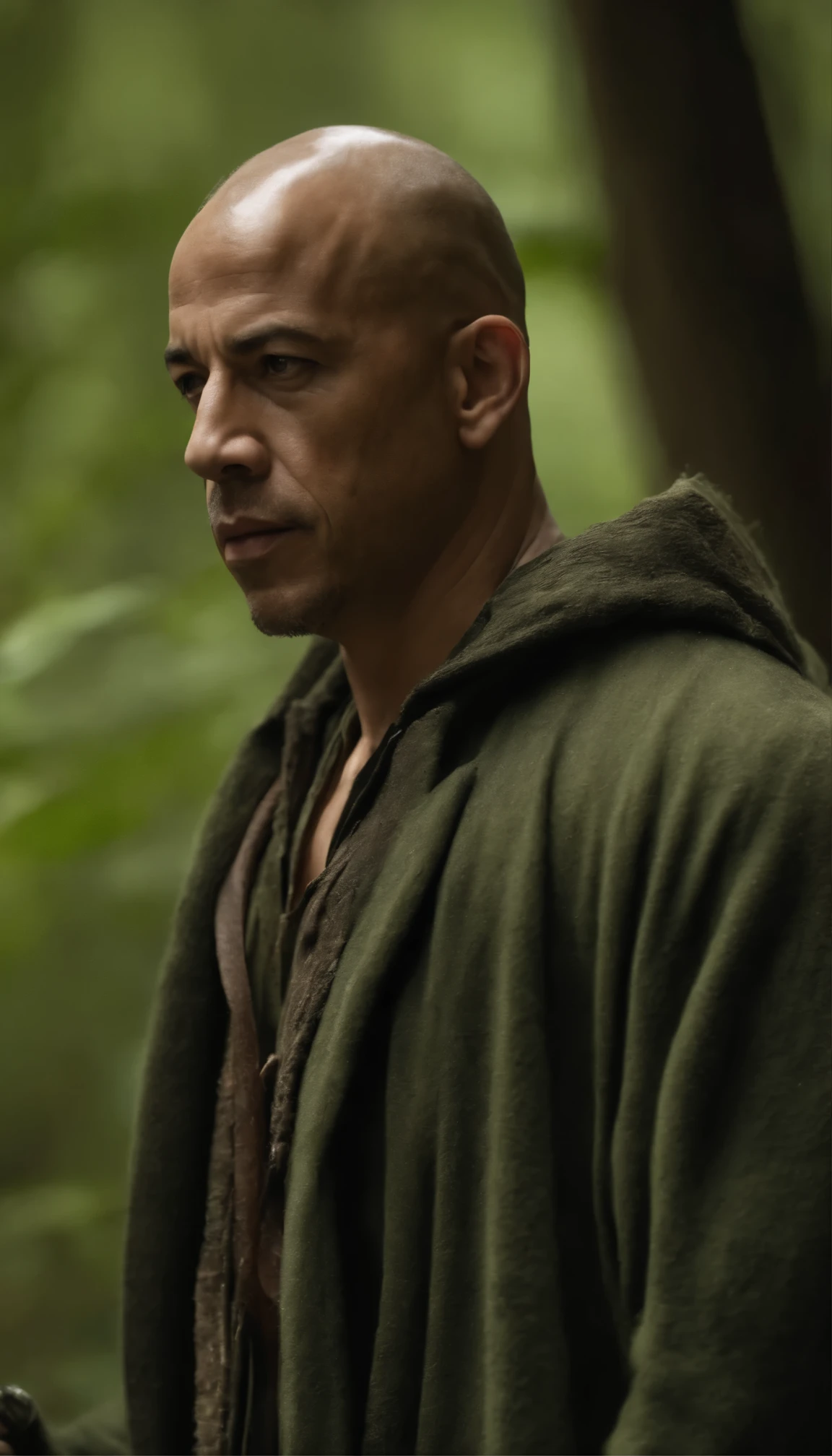 『Man in green jacket in forest』、Vin Diesel style、heroic、Epic Fantasy as Medieval Fantasy Characters、ファンタジー・キャラクターのprofileショット、Ronaldo Nazario's recollections、profile、Epic fantasy detailed portraits、green々He was wearing a worn out green jacket.、It depicts Arafed getting lost in the forest.。The lines of wisdom and bravery characterize the sturdy character of Vin Diesel.、Highlighted by the play of light