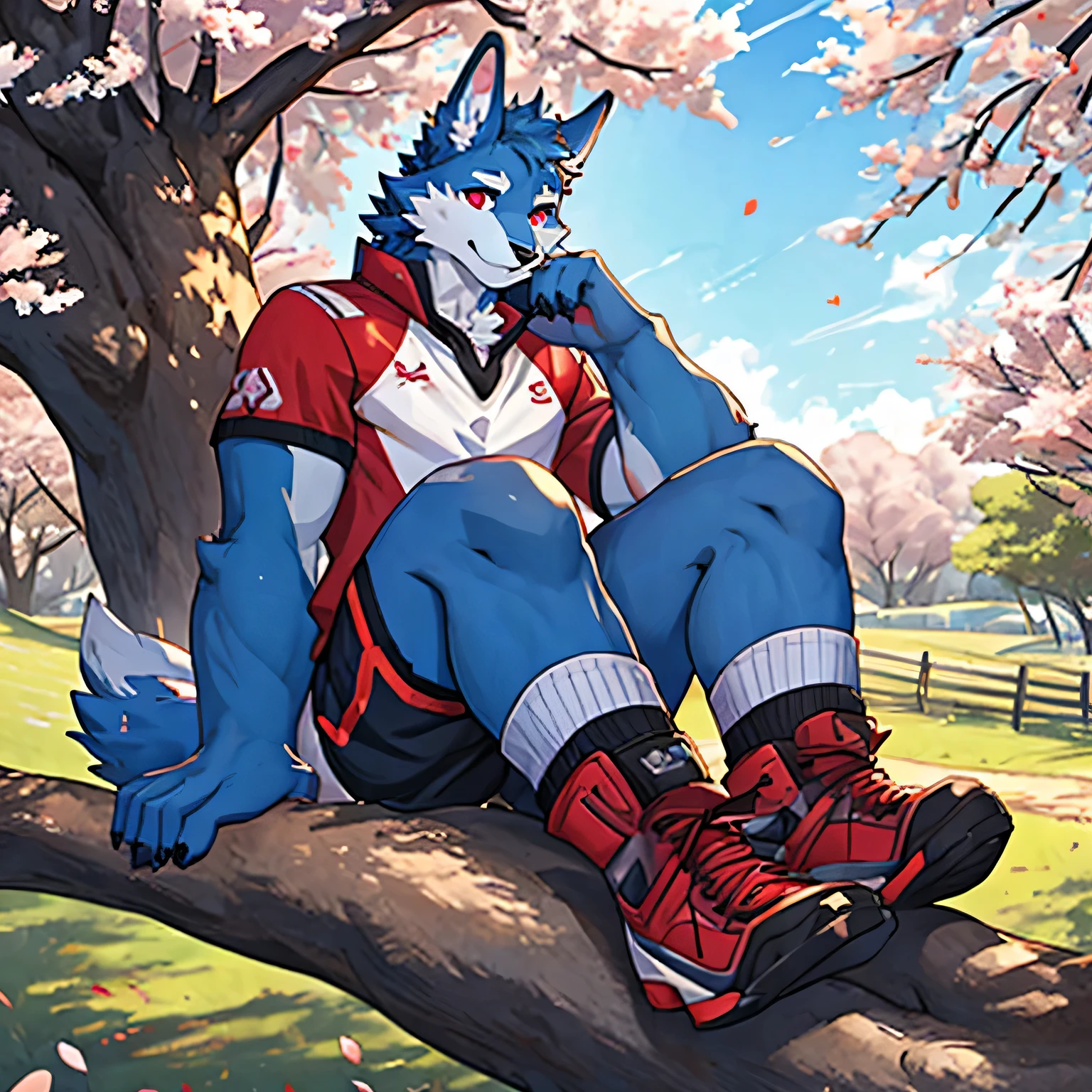 4k, Practical, High Detail, Super detailed, Eyes Details,Fashion,rabbit,Long-eared rabbits,Blue fur,Red Eyes,fit,juvenile,male,Sitting in a tree,Smile,Cherry tree,The background is the countryside,Sportswear,White socks