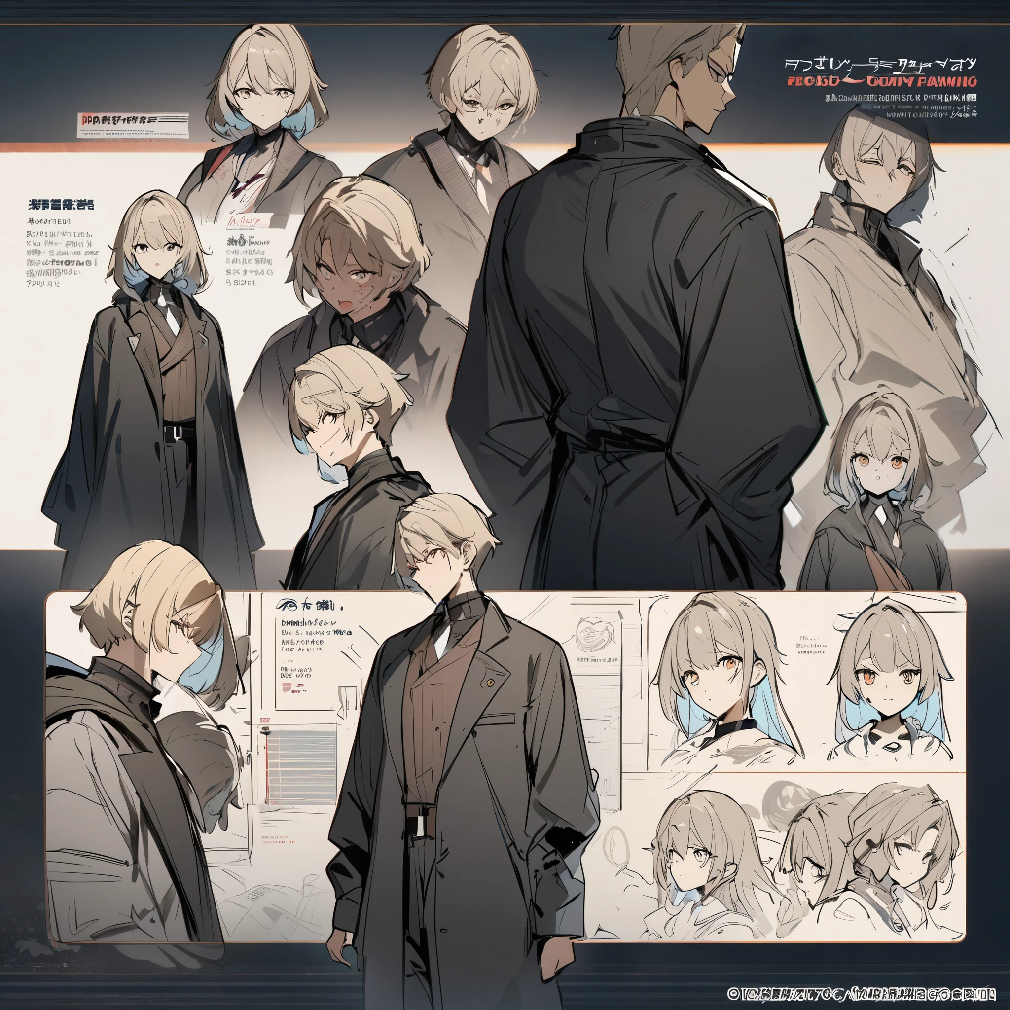 highres, top quality, best quality, paid reward available, High-quality illustrations, unparalleled masterpiece, perfect artwork, absurdres, perfect anatomy, standing kemono boy, three view drawing, front and side and back, character sheet, character design family!!, mather, father, , anime character, facial expressions, Detailed description of character, text, Collection of setting materials,