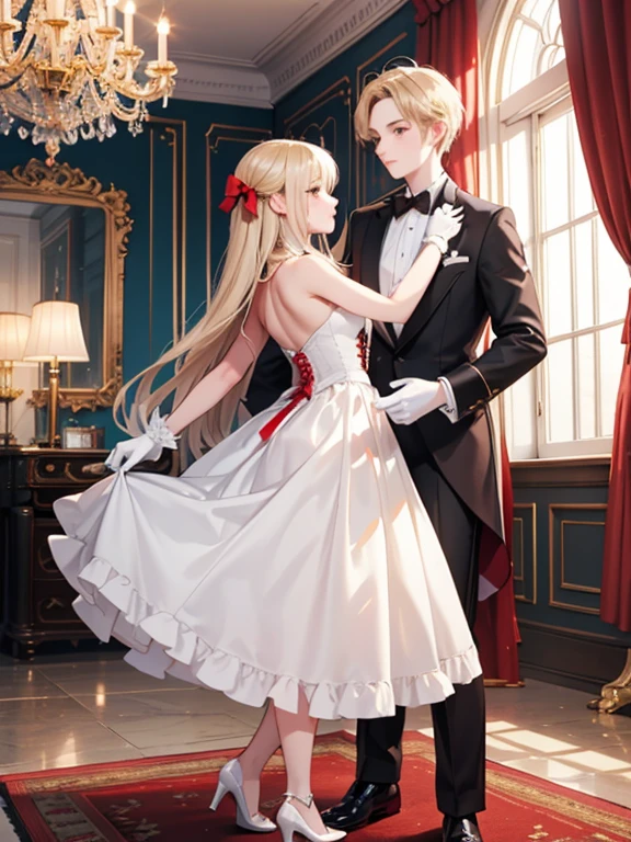 masterpiece, highest quality, Very detailed, 16k, Ultra-high resolution, Wide-angle shot, Dancing couple, Perfect Fingers, Detailed face, blue eyes, Blonde, (14-year-old female, Red gorgeous dress, corset, Long Skirt, Drawers, White long gloves), (14-year-old male, Black tuxedo, Red bow tie, White gloves), royal palace, Dance Venues, Evening Party, chandelier