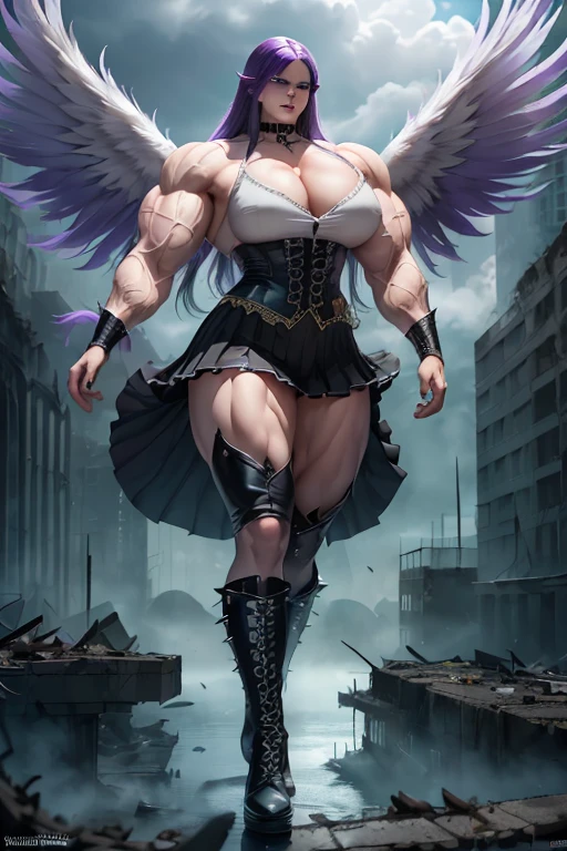 (((((Massive tall, beautiful, buff, pale white skinned muscular woman with violet purple hair, black lipstick, giant feathered wings, ginormous bulky muscles and wearing a black gothic blouse with a black pleated skirt))))), ((close view)), (massive muscles), hyper muscle shoulders, hyper muscle triceps, (long hair with long bangs), black eyes, choker, (chain belt), (pleated skirt), black boots, (spiked gauntlets), white smoke and white fog surrounding the body, (on top of a dilapidated building surrounded by water in a destroyed city), cocky smirk, night, hyper vascular arm, hyper muscles arms, hyper muscle legs, (ginormous arms).