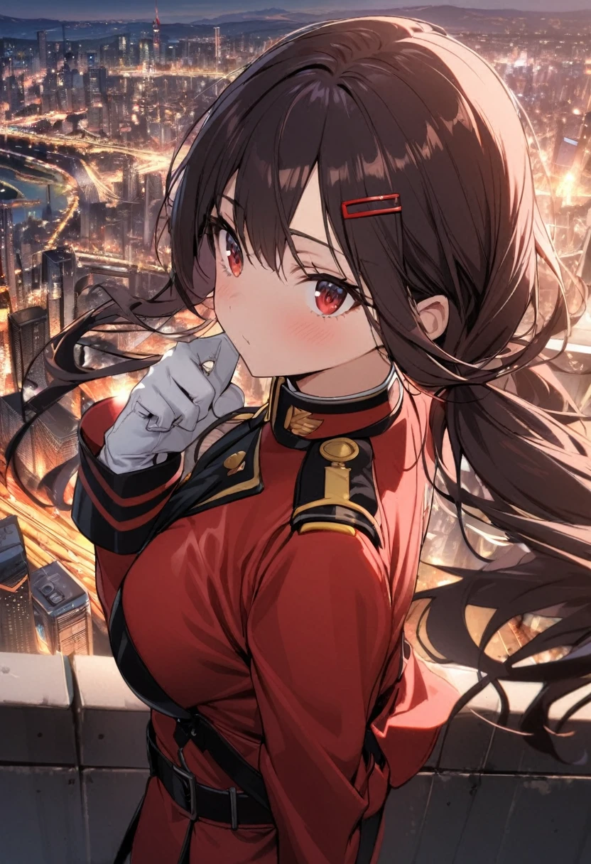 1girl, red , red military uniform, black and red uniform, dark hair, long hair, pigtail hair, hairpin, hair clip, white glove, latex glove, city view, city background,