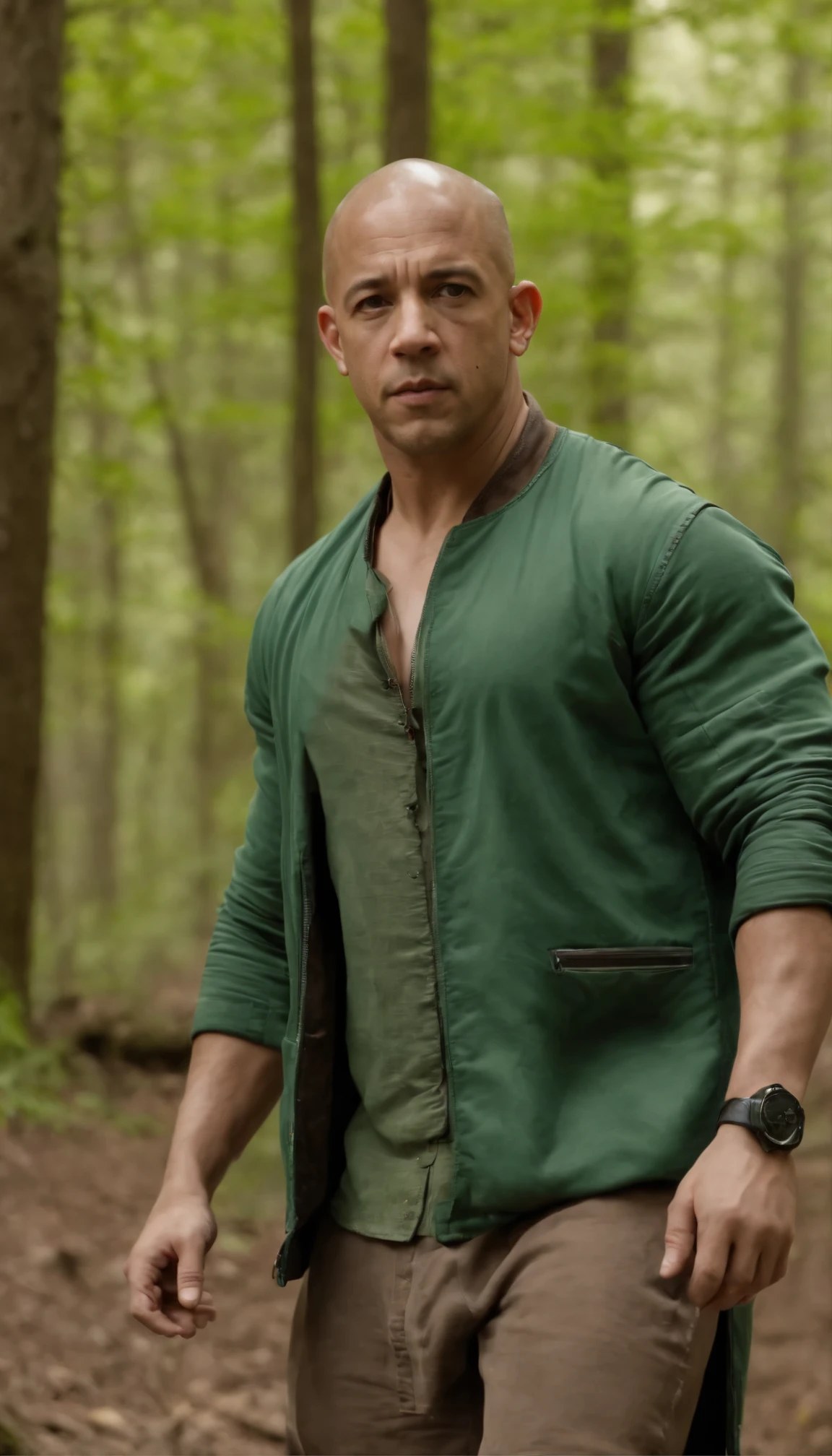 『Man in green jacket in forest』、Vin Diesel style、heroic、Epic Fantasy as Medieval Fantasy Characters、ファンタジー・キャラクターのprofileショット、Ronaldo Nazario's recollections、profile、Epic fantasy detailed portraits、green々He was wearing a worn out green jacket.、It depicts Arafed getting lost in the forest.。The lines of wisdom and bravery characterize the sturdy character of Vin Diesel.、Reflection of light