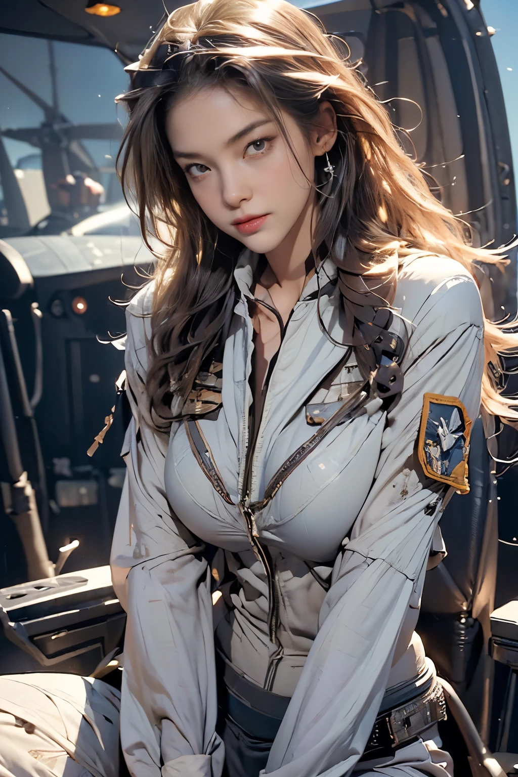 (8k, highest quality, masterpiece)，{Realistic, RAW Photos, Super Fine Clear, Portraiture, (movie scene style:1.6)}, Realistic Light, Detailed skin, (Beautiful woman with slim body, Age 25, US air force pilot:1.5), Thin legs, fine grain, Long white wavy hair, Detailed fingers, thin, Sexual, Expressions of Ecstasy, Dynamic and sexy pose, (huge Bouncy Firm Bust:1.4), (sexy fighter jet pilot suit,:1.2),(The suit has a wide opening at the chest;1.6), Exposing the breasts, (top gun, seating in cockpit F-15:1.6), (US airforce base:1.8), Wide and beautiful view,