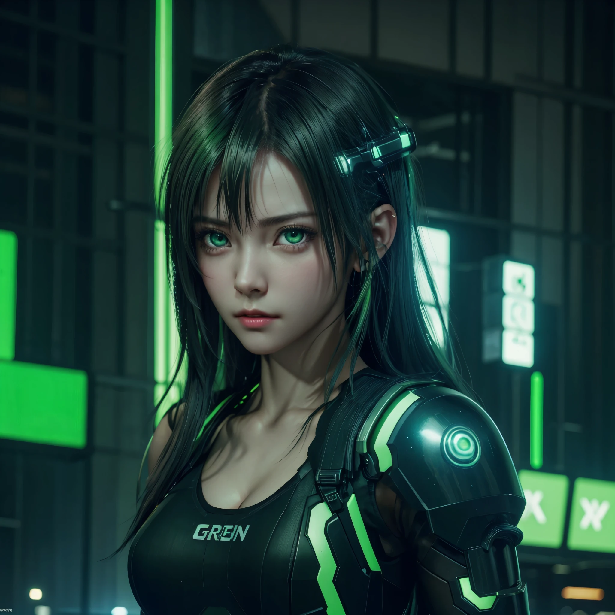cute girl,cyborg,suit with green neon hilight,expose skin,green eyes,cyberpunk city,