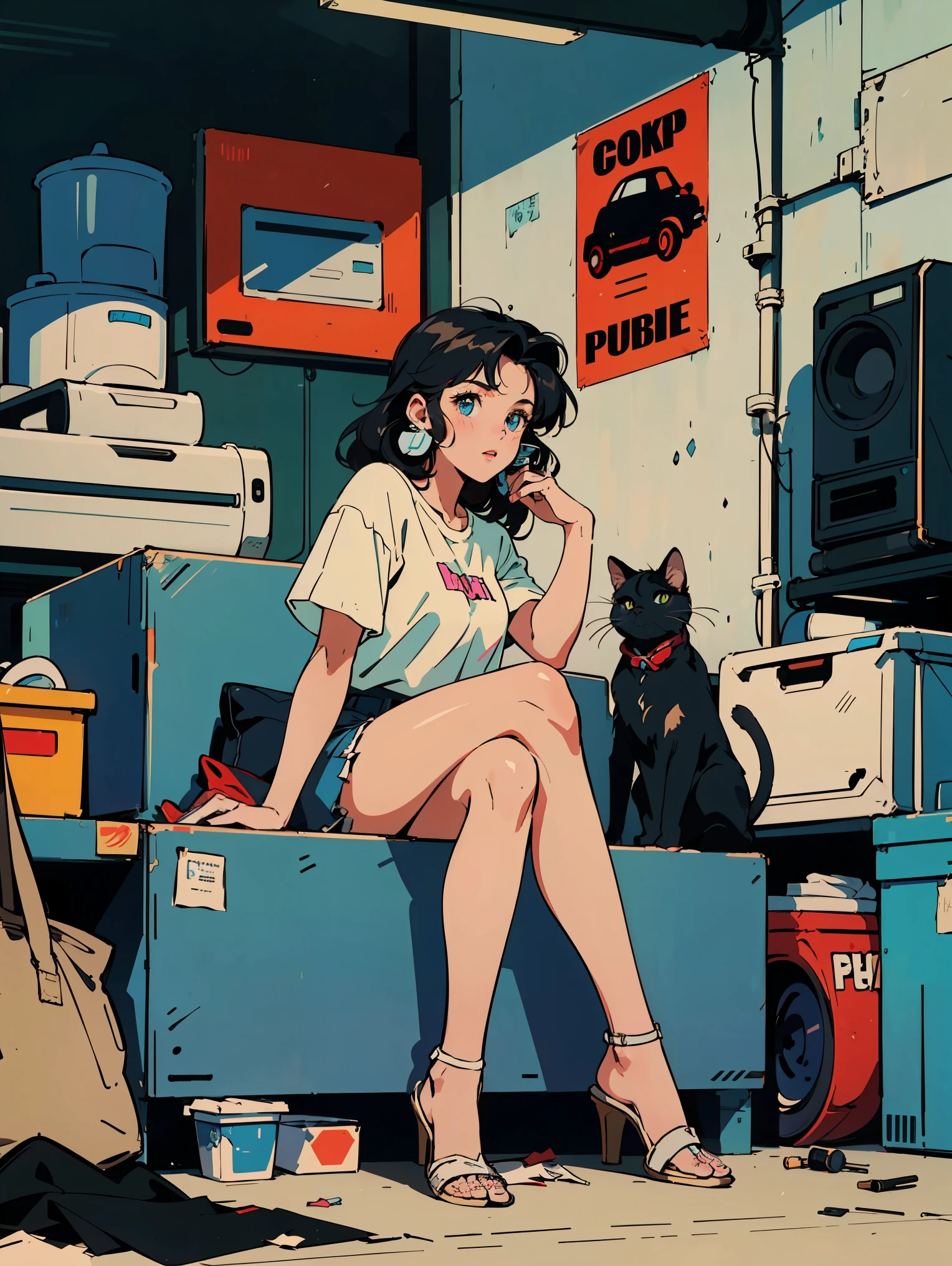 Anime-style girl with short, wavy hair and large expressive eyes, wearing casual clothes and red headphones. She is sitting in front of a vintage blue Porsche 911 in a cluttered garage. The garage has neon lights, colorful posters, and various tools scattered around. The black cat sits beside her, adding to the nostalgic 80s city pop vibe.