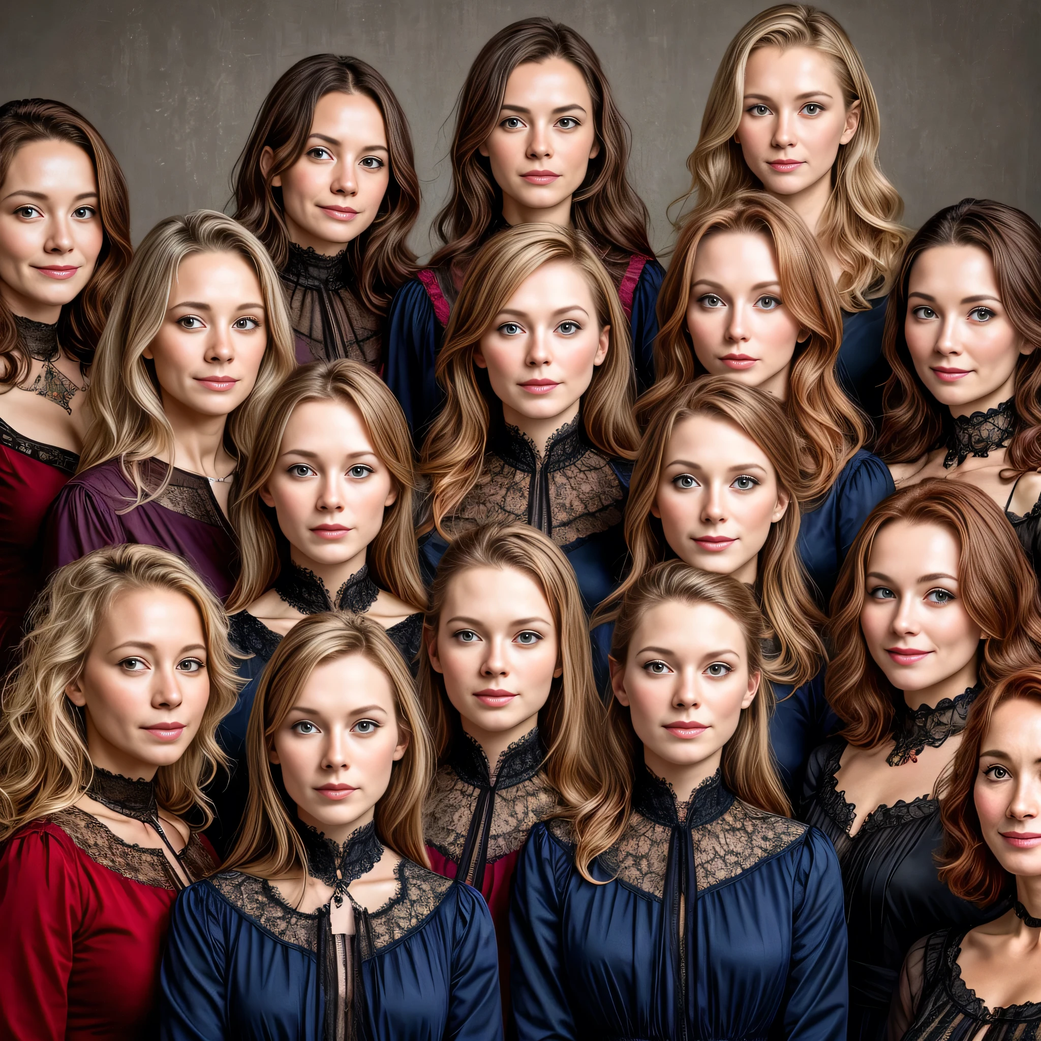 beautiful group of woman dutch focus on face, 15 womens