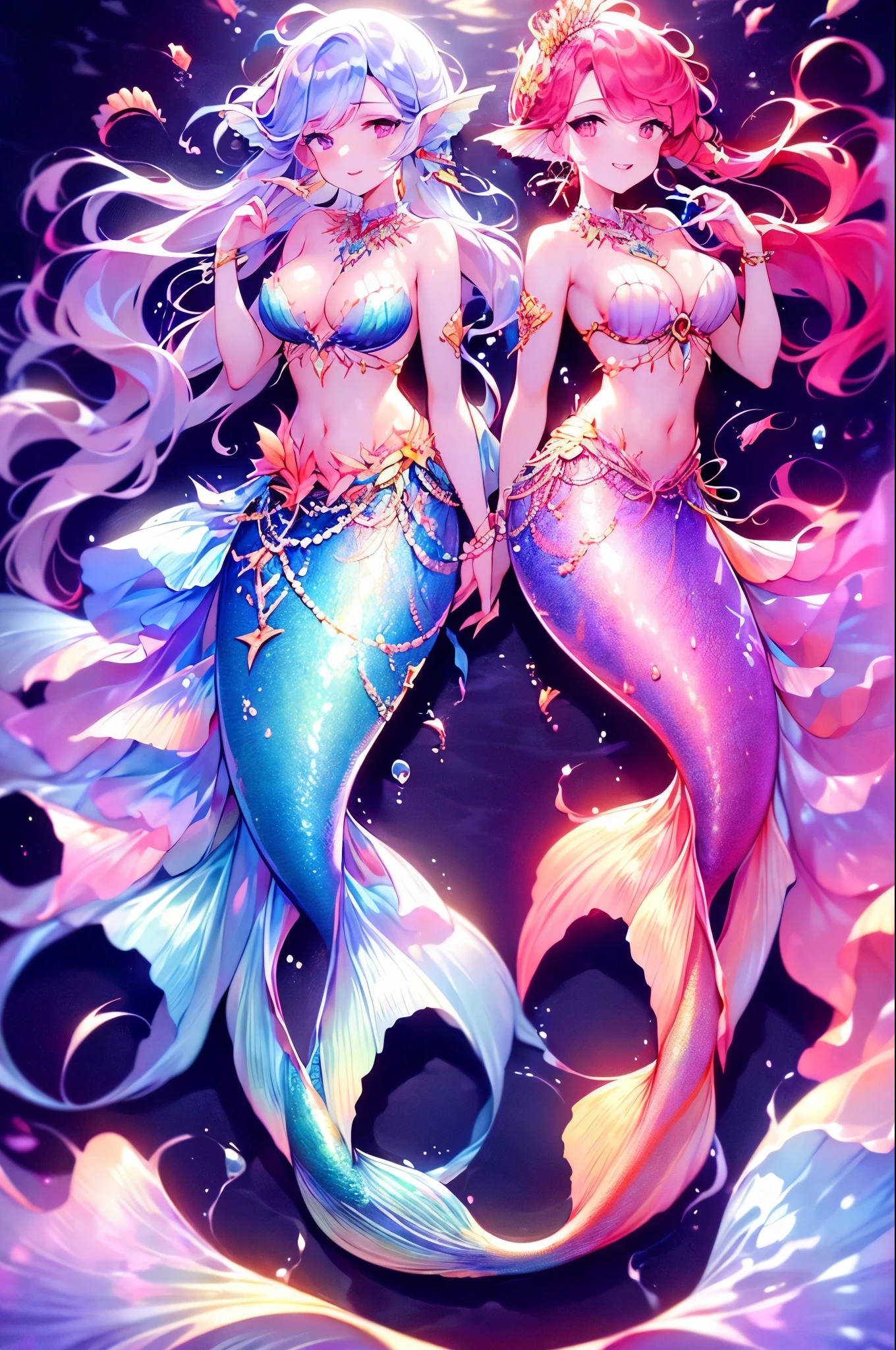 (best quality,4k,8k,highres,masterpiece:1.2),ultra-detailed, Pretty  princess magically transformed into a beautiful mermaid, race swap, fantastic transformation, steampunk, long and detailed mermaid tail below waistline, fins ears, shimmering red fish scales, drawn in anime style, very long pigtails red hair, sharp teeth, is smiling, pink eyes, small breast, long pelvic and dorsal fins, pair of fish gills on the torso, seashells bra, starfish hair clips, pearl earrings and bracelets, pearl necklace, hair ribbons, gold tiara, lying down on a sandy beach, new beautiful body,she’s smiling,embracing her new life has a mermaid, brushing her hair with an hairbrush, ocean waves,sparkling water,coconut trees,seagulls,vibrant colors,magical glow,shimmering scales,sea breeze,warm sunlight,joyful expression,island paradise,lush tropical plants,dynamic composition,soft and smooth lines,expressive facial features,gentle water reflections,serene atmosphere, Highly detailed, masterpiece, high quality, 4K.