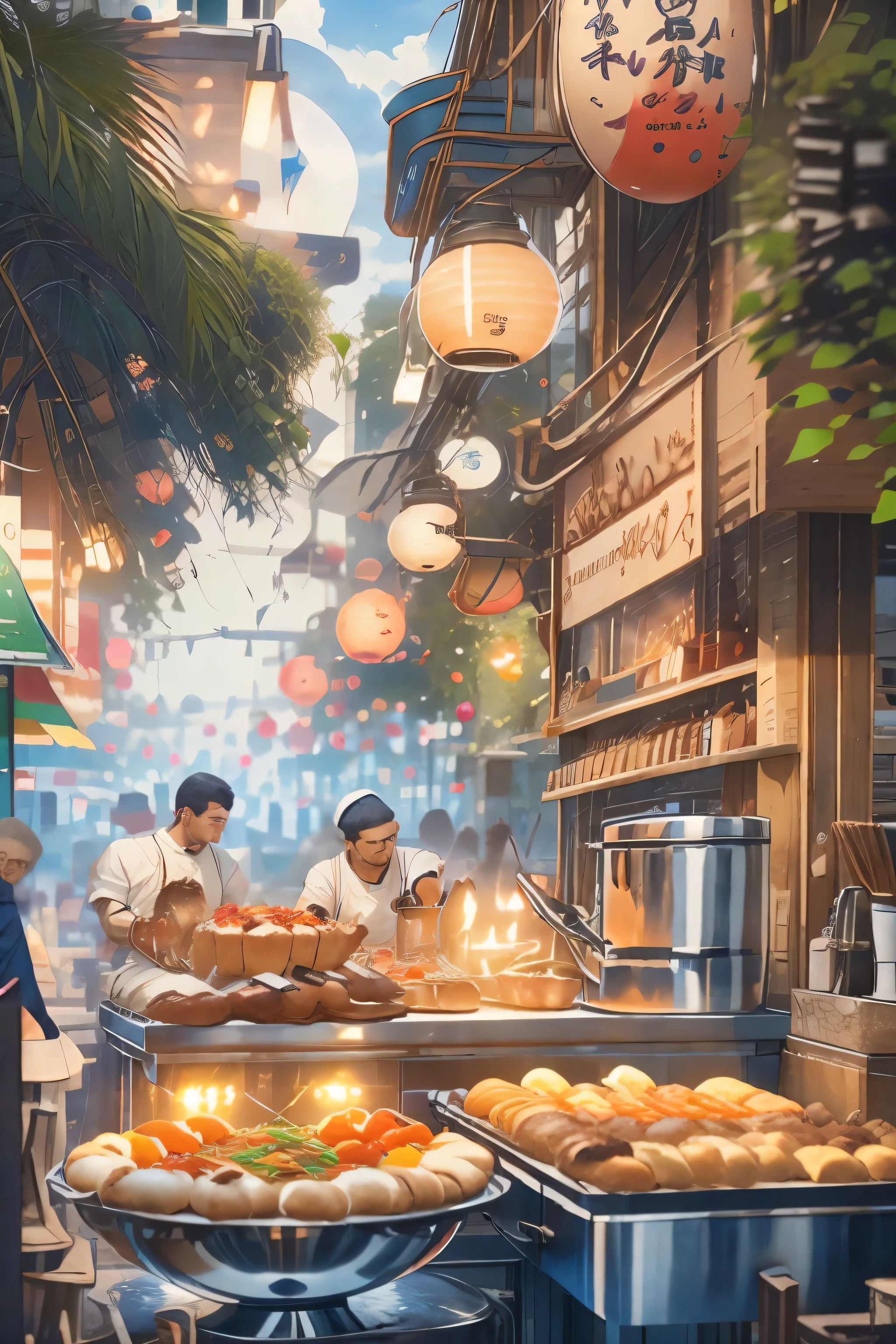 "Envision a lively night festival, its vibrant energy buzzing in the air, as you approach a popular food stall. The enticing aroma of grilled delicacies draws you closer, where you see a skilled cook expertly tending to a sizzling grill. The cook, illuminated by the warm glow of string lights, flips skewers of marinated meat and vegetables, the flames dancing beneath, casting flickering shadows. The air is thick with the mouthwatering scent of spices and smoke. A line of eager customers, their faces lit with anticipation, stretches out from the stall. Each person waits patiently, chatting animatedly, their eyes occasionally drifting to the grill as they imagine the taste of the food. The sound of sizzling meat and the occasional cheer from nearby festival-goers punctuate the festive atmosphere. Describe the vibrant scene: the detailed interactions of the cook as they deftly manage the grill, the variety of colorful, fresh ingredients ready to be cooked, the animated expressions of the customers, and the overall sensory experience of being at this bustling food stall amidst the excitement of the night festival."