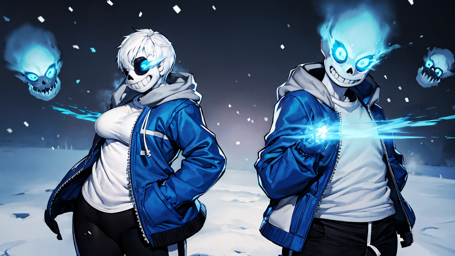 Toby Fox Undertale Sans blue jacket white shirt,Fire eyes, skull, smile, white short hair, glowing sexy keel cannon, standing in the snow town, big breast breast enlargement, full-body shot, looking at the camera