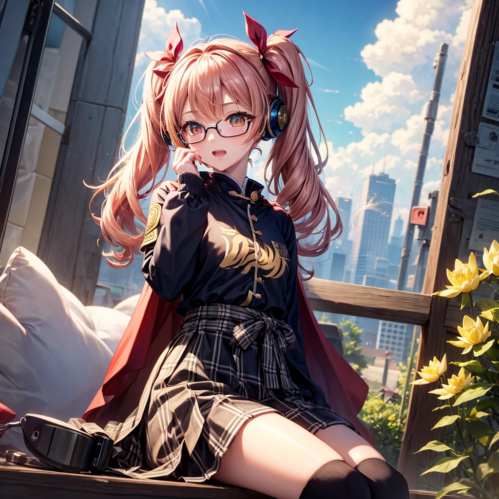 Pink gold golden hair、Golden Eyes、One good looking girl、Twin tails、solo、anime、Checkered mini skirt、The skirt has buttons、Red T-shirt、Long sleeve、China、Cape、Black knee-high socks、Wearing headphones、Wearing a ribbon、Ribbon on waist、Tilting face、Teeth are visible、Sunset sky、Rocky Mountain、Piercing the clouds、Contrail、Glasses、tree、Sitting、Touching your face、lotus leaves、canal、Cumulonimbus
