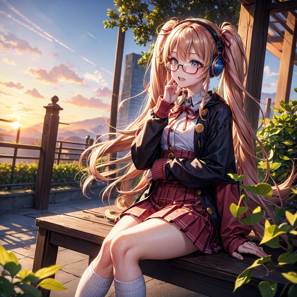 Pink gold golden hair、Golden Eyes、One good looking girl、Twin tails、solo、anime、Checkered mini skirt、The skirt has buttons、Red T-shirt、Long sleeve、China、Cape、Black knee-high socks、Wearing headphones、Wearing a ribbon、Ribbon on waist、Tilting face、Teeth are visible、Sunset sky、Rocky Mountain、Piercing the clouds、Contrail、Glasses、tree、Sitting、Touching your face、lotus leaves、canal、Cumulonimbus