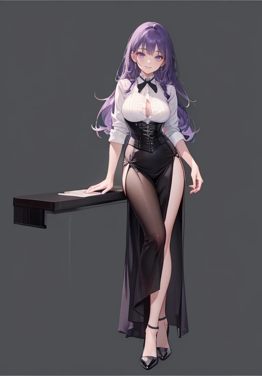 Purple hair,long hair,Adult female,Bartender,((Body harness)),((Rolling up your sleeves shirt)),(Corset),(Long skirt),(slit),High heels,((Simple background)),Smile,((Full body)),((whole body)),Character Sheet,