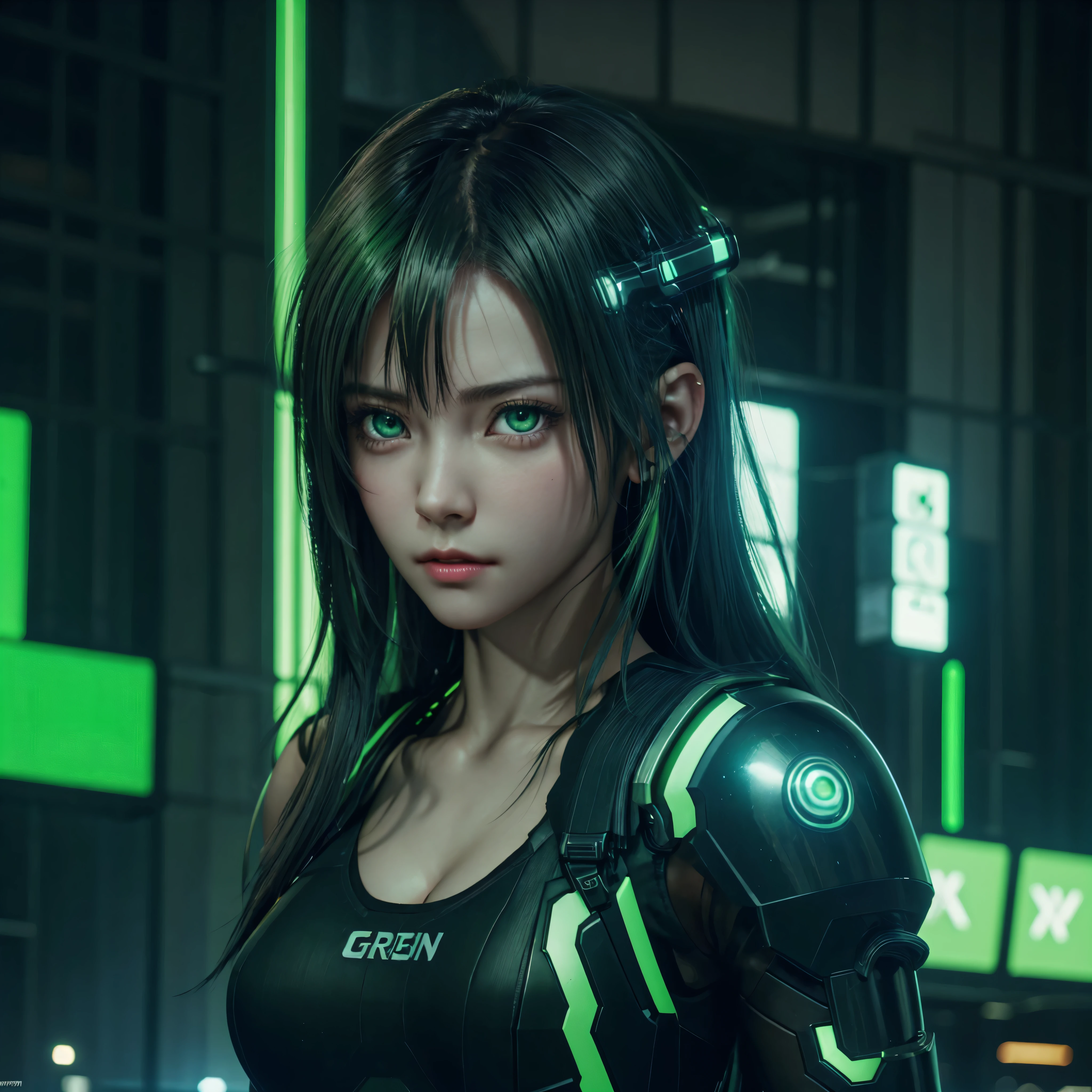 cute girl,cyborg,suit with green neon hilight,expose skin,green eyes,cyberpunk city,