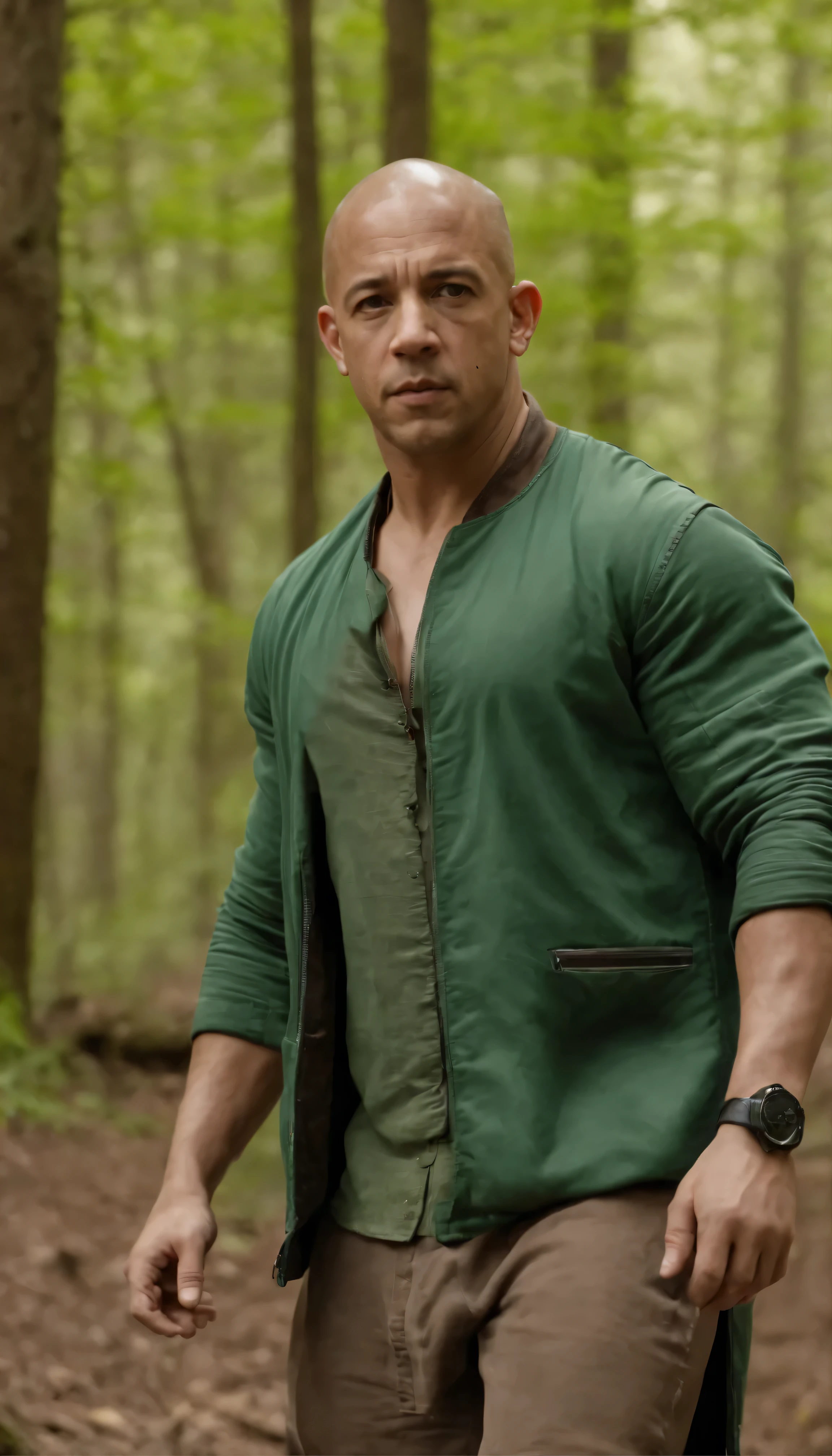 『Man in green jacket in forest』、Vin Diesel style、heroic、Epic Fantasy as Medieval Fantasy Characters、Fantasy character profile shot、Ronaldo Nazario's recollections、profile、Epic fantasy detailed portraits、green々He was wearing a worn out green jacket.、It depicts Arafed getting lost in the forest.。The lines of wisdom and bravery characterize the sturdy character of Vin Diesel.、Reflection of light
