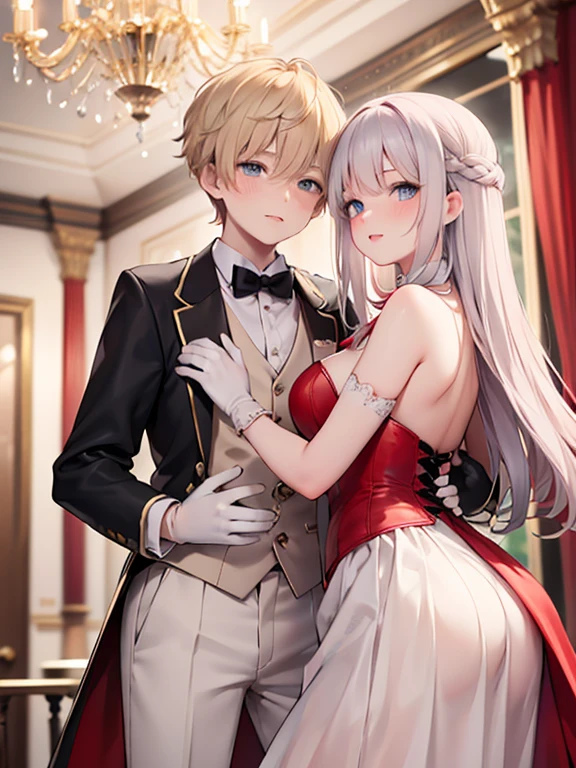 masterpiece, highest quality, Very detailed, 16k, Ultra-high resolution, Wide-angle shot, Dancing couple, Perfect Fingers, Detailed face, blue eyes, Blonde, (14-year-old female, Red gorgeous dress, corset, Long Skirt, Drawers, White long gloves), (14-year-old male, Black tuxedo, Red bow tie, White gloves), royal palace, Dance Venues, Evening Party, chandelier