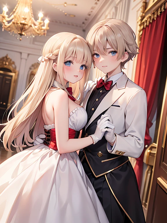 masterpiece, highest quality, Very detailed, 16k, Ultra-high resolution, Wide-angle shot, Dancing couple, Perfect Fingers, Detailed face, blue eyes, Blonde, ( female, Red gorgeous dress, corset, Long Skirt, Drawers, White long gloves), (14-year-oldk tuxedo, Red bow tie, White gloves), royal palace, Dance Venues, Evening Party, chandelier