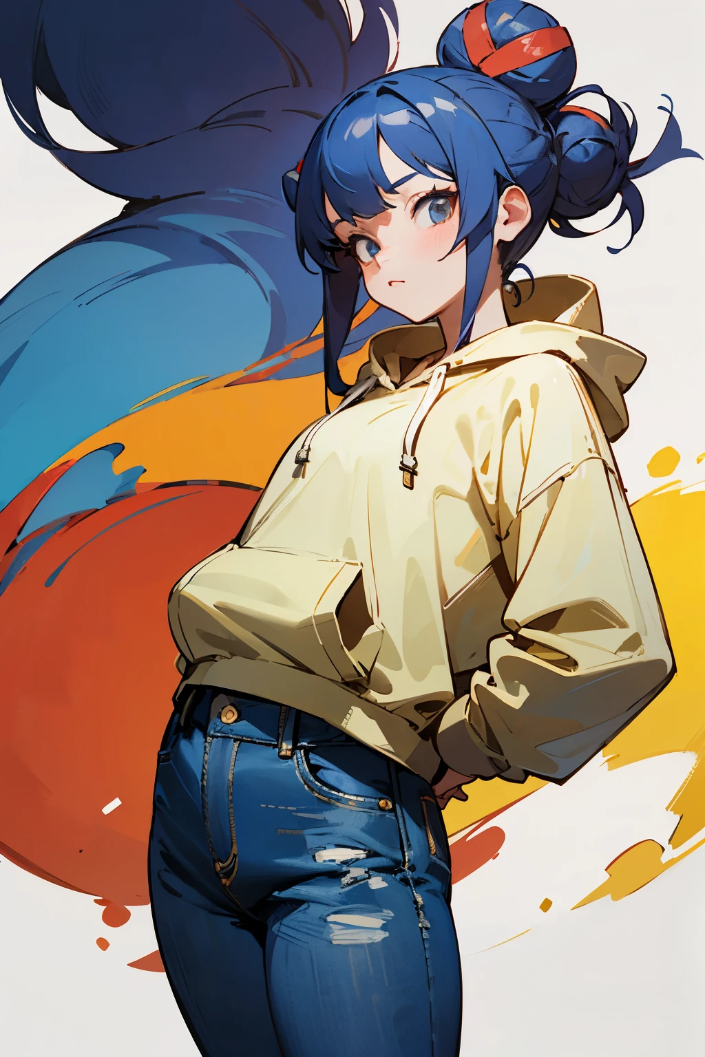 ((best quality)), ((masterpiece)), (detailed), perfect face, beutiful anime girl in long hoodie and oversizedd jeans and beutiful bun , 8k , bold background and bold colours