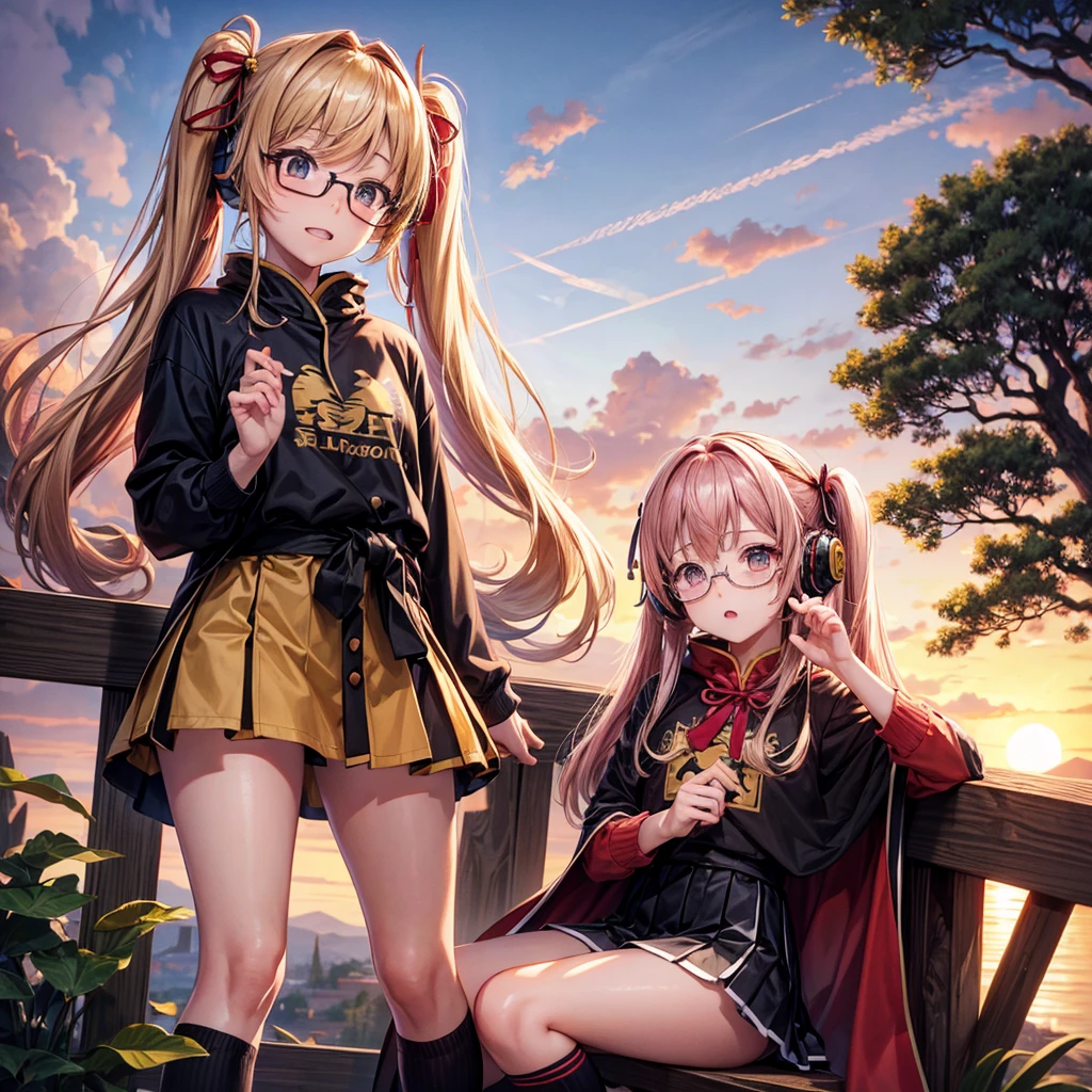 Pink gold golden hair、Golden Eyes、One good looking girl、Twin tails、solo、anime、Checkered mini skirt、The skirt has buttons、Red T-shirt、Long sleeve、China、Cape、Black knee-high socks、Wearing headphones、Wearing a ribbon、Ribbon on waist、Tilting face、Teeth are visible、Sunset sky、Rocky Mountain、Piercing the clouds、Contrail、Glasses、tree、Sitting、Touching your face、lotus leaves、canal、Cumulonimbus
