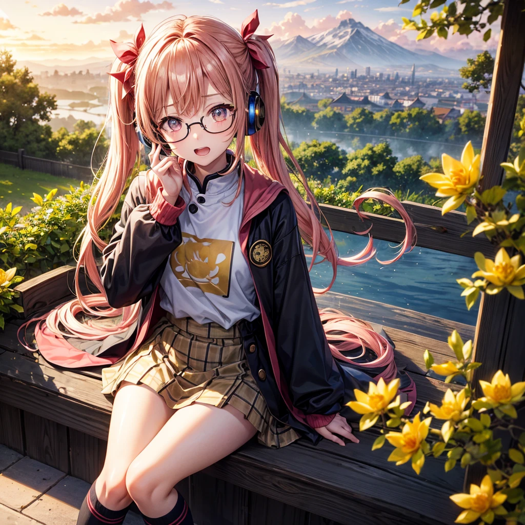 Pink gold golden hair、Golden Eyes、One good looking girl、Twin tails、solo、anime、Checkered mini skirt、The skirt has buttons、Red T-shirt、Long sleeve、China、Cape、Black knee-high socks、Wearing headphones、Wearing a ribbon、Ribbon on waist、Tilting face、Teeth are visible、Sunset sky、Rocky Mountain、Piercing the clouds、Contrail、Glasses、tree、Sitting、Touching your face、lotus leaves、canal、Cumulonimbus