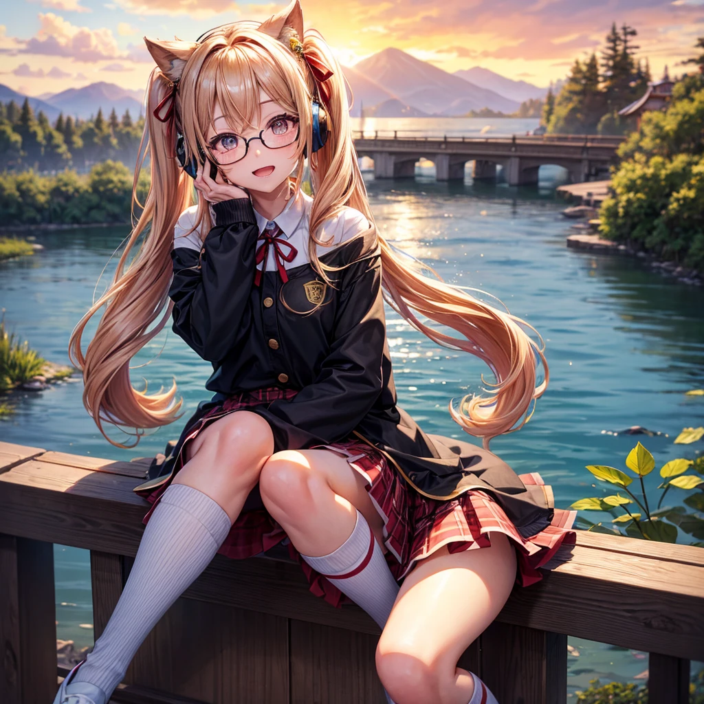 Pink gold golden hair、Golden Eyes、One good looking girl、Twin tails、solo、anime、Checkered mini skirt、The skirt has buttons、Red T-shirt、Long sleeve、China、Cape、Black knee-high socks、Wearing headphones、Wearing a ribbon、Ribbon on waist、Tilting face、Teeth are visible、Sunset sky、Rocky Mountain、Piercing the clouds、Contrail、Glasses、tree、Sitting、Touching your face、lotus leaves、canal、Cumulonimbus