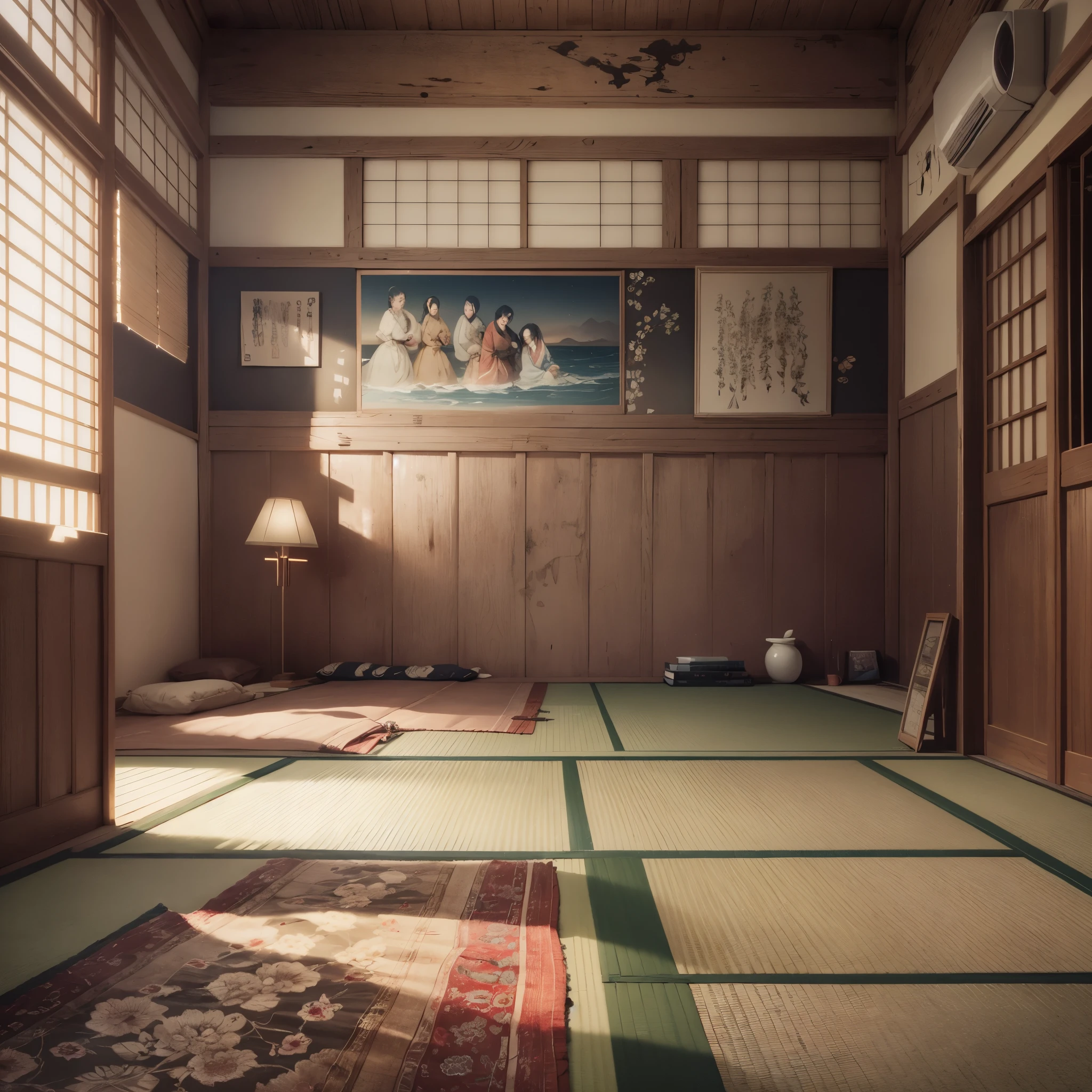 top quality, best quality, High-quality illustrations, masterpiece, super high resolution, detailed background, The deep silence of the night, the spacious hall of a weathered Japanese house, the darkness, the faintly lit old kotatsu, peeling wallpaper, deteriorated furniture, windows, swaying curtains, moonlight, eerie light and shadows, worn-out carpet, rusted clock, ancient books, aged shoji screens, footprints on the floor, the enigmatic presence, 6+boys, 6+girls, absurdres(highly detailed beautiful face and eyes)perfect anatomy, expression, good lighting, cinematic shadow(kemono, furry anthro)assorted poses, dynamic angle,