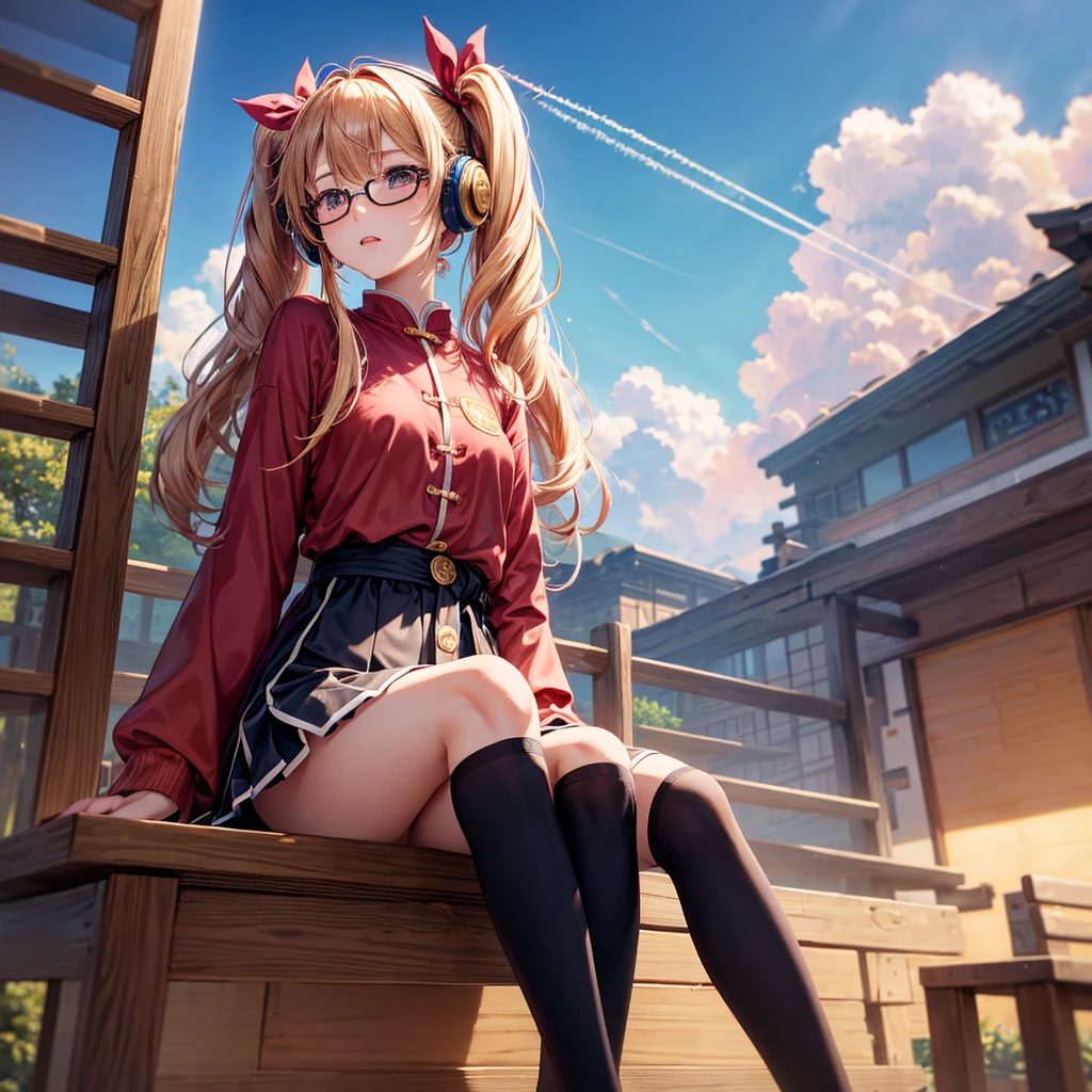 Pink gold golden hair、Golden Eyes、One good looking girl、Twin tails、solo、anime、Checkered mini skirt、The skirt has buttons、Red T-shirt、Long sleeve、China、Cape、Black knee-high socks、Wearing headphones、Wearing a ribbon、Ribbon on waist、Tilting face、Teeth are visible、Sunset sky、Rocky Mountain、Piercing the clouds、Contrail、Glasses、tree、Sitting、Touching your face、lotus leaves、canal、Cumulonimbus
