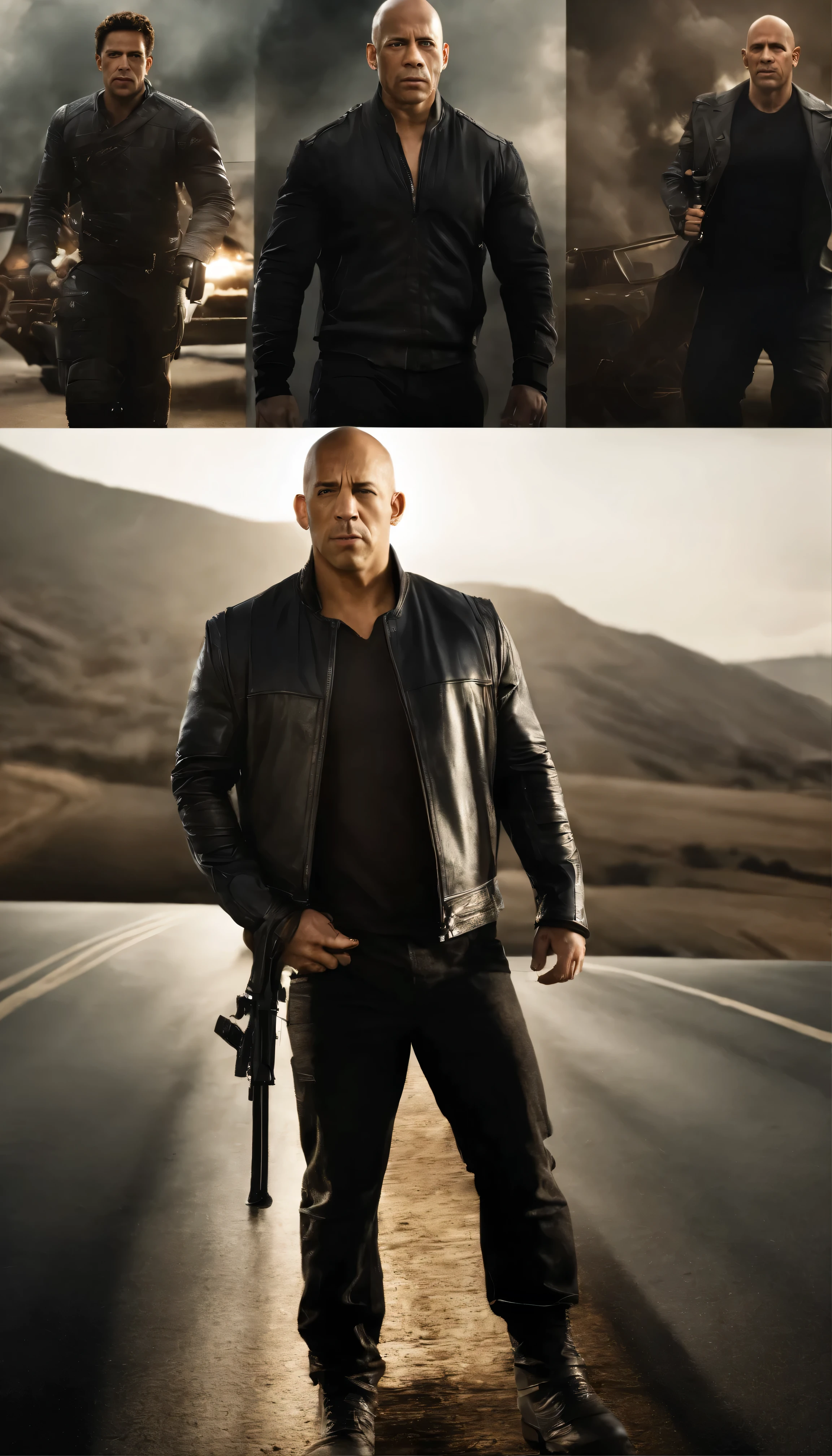 fast and furious2Vin Diesel style、heroic、Epic Fantasy as Medieval Fantasy Characters、Fantasy character profile shot、Ronaldo Nazario's recollections、Profile Blue々Dressed in a worn out black leather jacket、The lines of wisdom and bravery characterize the sturdy character of Vin Diesel.、Reflection of light