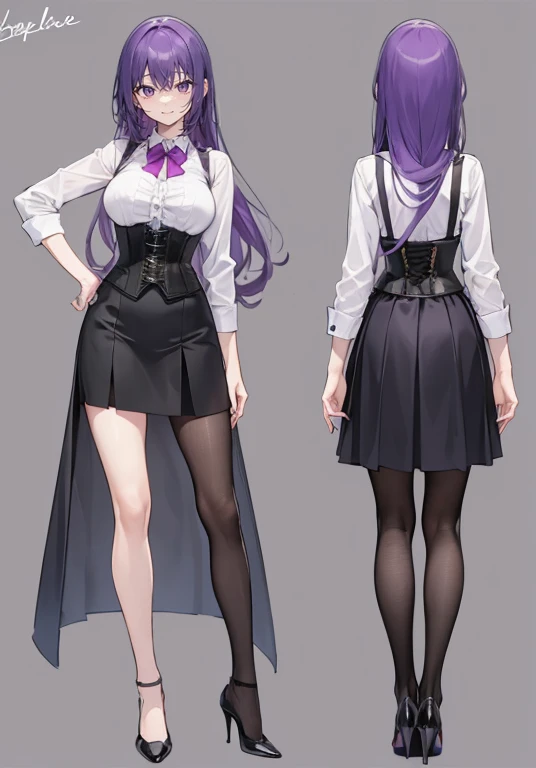 Purple hair,long hair,Adult female,(Bartender),((Rolling up your sleeves shirt)),(Corset),(Tight skirt),(high heels),((Simple background)),Smile,((Full body)),((whole body)),Character Sheet,Standing straight and facing forward