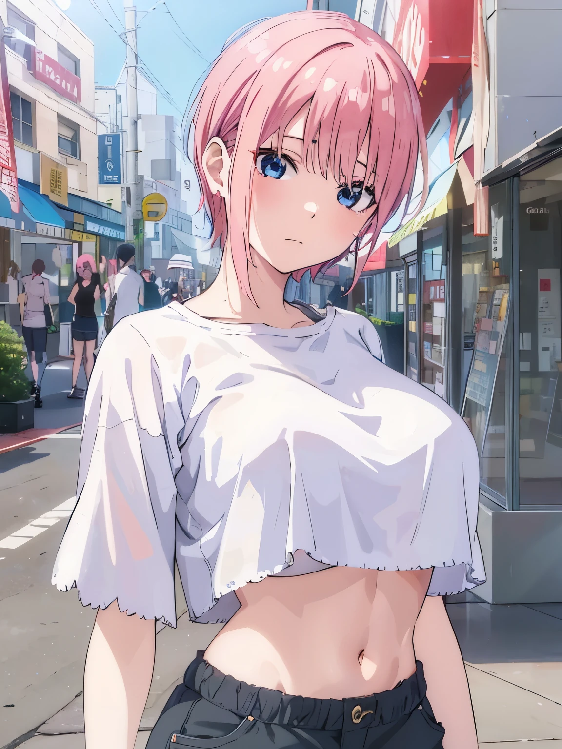 One girl, alone, ichika nakano, short hair, Salmon pink hair, Earrings in the ears, blue eyes, Embarrassing, Mouth closed, Embarrassing expression, White shirt, Short shirt, Short sleeve, A black bra is visible on the left strap., exposed waist, Visible navel , Black shorts, Short shorts, on the road, The body is slim, Big Breasts, Medium Waist, Medium Hips, wide thighs,