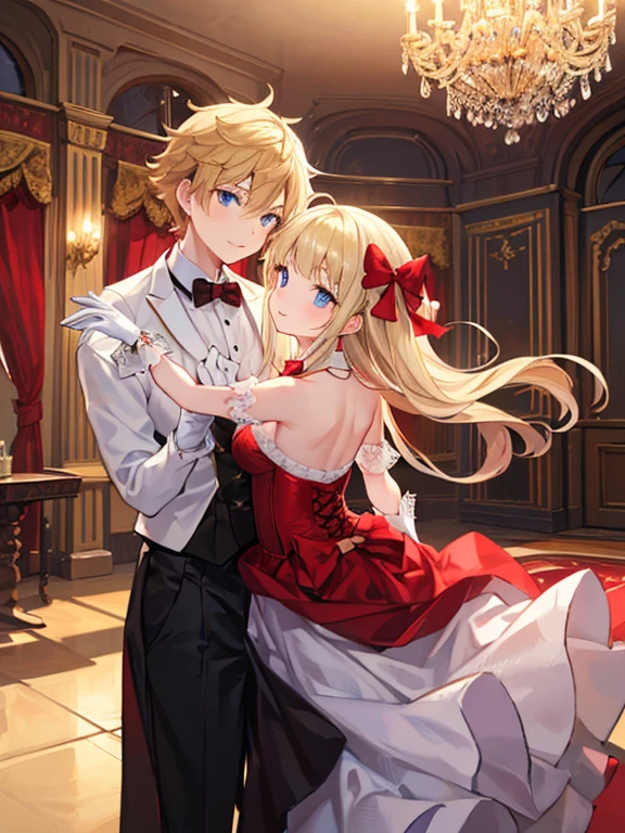 masterpiece, highest quality, Very detailed, 16k, Ultra-high resolution, Wide-angle shot, Dancing couple, Perfect Fingers, Detailed face, blue eyes, Blonde, (14-year-old female, Red gorgeous dress, corset, Long Skirt, Drawers, White long gloves), (14-year-old male, Black tuxedo, Red bow tie, White gloves), royal palace, Dance Venues, Evening Party, chandelier