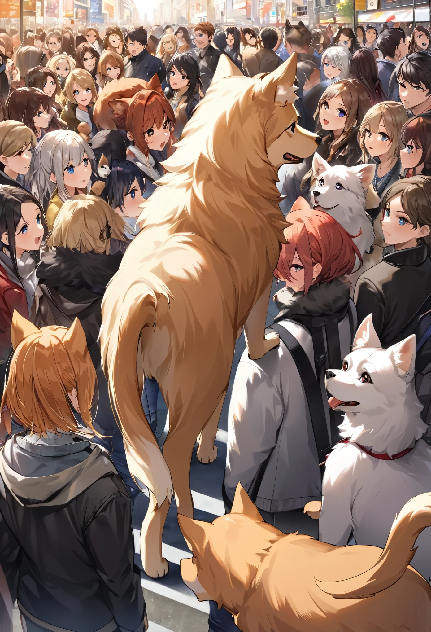 cover page, highres, top quality, best quality, paid reward available, unparalleled masterpiece, perfect artwork, absurdres, High-quality illustrations, super high resolution, detailed background, Crowded cityscape, Crowd, perfect anatomy(6+girls, 6+boys)(kemono)(furry)(Furry body, dog facial features, dog body features)(very detailed body fur)low angle full shot, shot from behind,