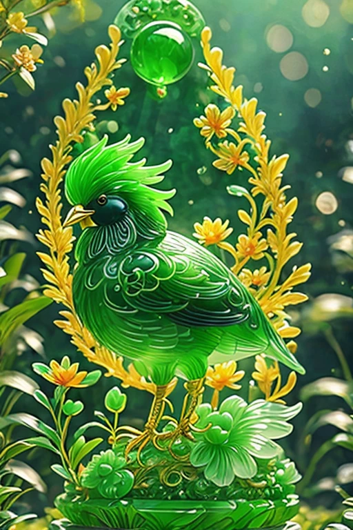 best quality, very good, 16K, ridiculous, Very detailed, Beautiful bird，Made of translucent jadeite, Background grassland（（A masterpiece full of fantasy elements）））， （（best quality））， （（Intricate details））（8K）（HD）