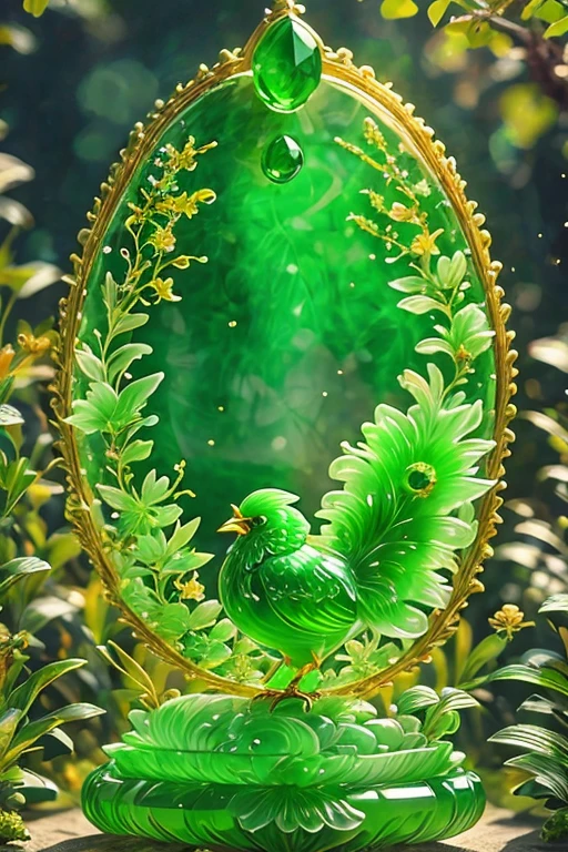 best quality, very good, 16K, ridiculous, Very detailed, Beautiful bird，Made of translucent jadeite, Background grassland（（A masterpiece full of fantasy elements）））， （（best quality））， （（Intricate details））（8K）（HD）