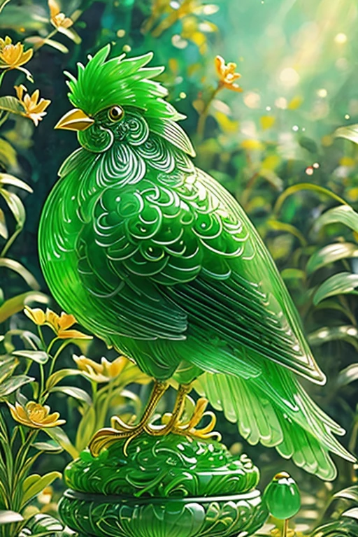 best quality, very good, 16K, ridiculous, Very detailed, Beautiful bird，Made of translucent jadeite, Background grassland（（A masterpiece full of fantasy elements）））， （（best quality））， （（Intricate details））（8K）（HD）