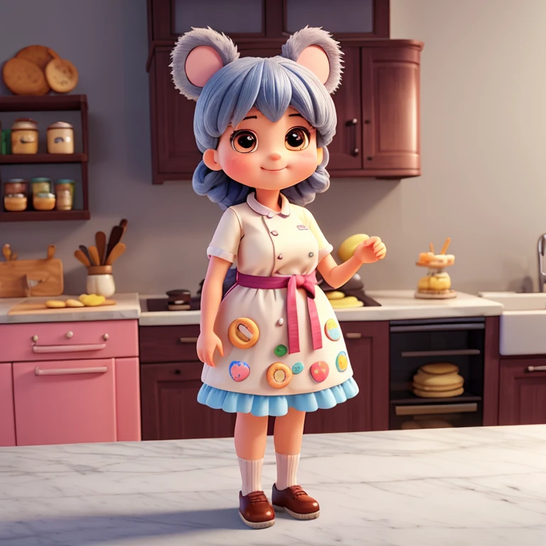 An endorsement doll in the shape of a koala holding a frosted cookie.,Put on chef clothes,Background in the kitchen