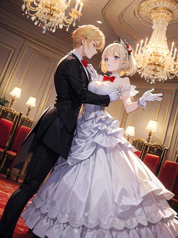 masterpiece, highest quality, Very detailed, 16k, Ultra-high resolution, Wide-angle shot, Dancing couple, Perfect Fingers, Detailed face, blue eyes, Blonde, ( female, Red gorgeous dress, corset, Long Skirt, Drawers, White long gloves), (14-year-oldk tuxedo, Red bow tie, White gloves), royal palace, Dance Venues, Evening Party, chandelier