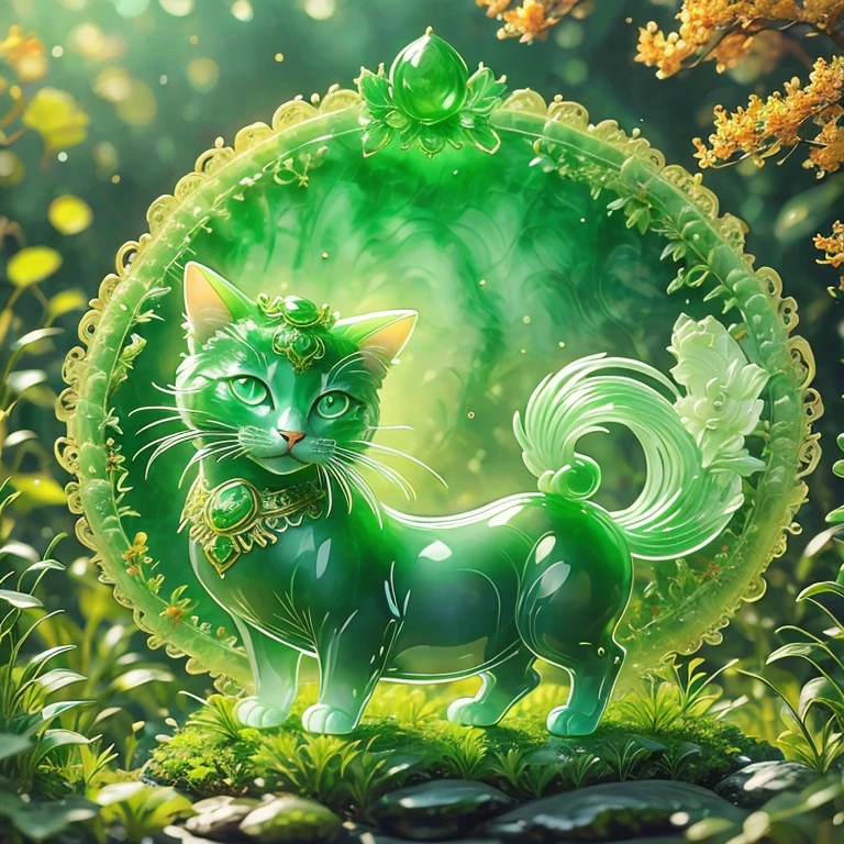 best quality, very good, 16K, ridiculous, Very detailed, beautiful cat，Made of translucent jadeite, Background grassland（（A masterpiece full of fantasy elements）））， （（best quality））， （（Intricate details））（8K）（HD）